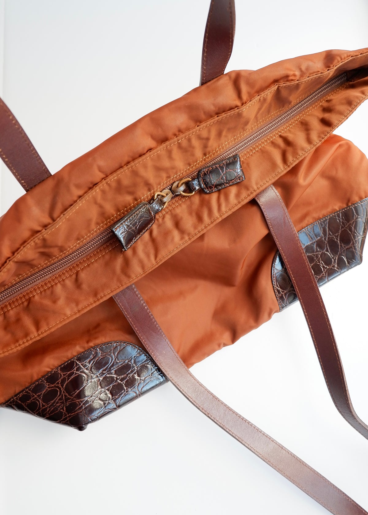 Preowned Prada Brown Nylon/ Patent Croc Long Strap Tote Bag