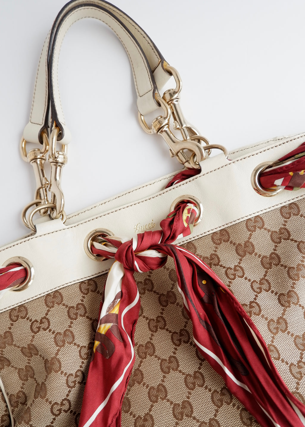 Authentic Preowned Gucci White GG Canvas/ Scarf Detail Handbag