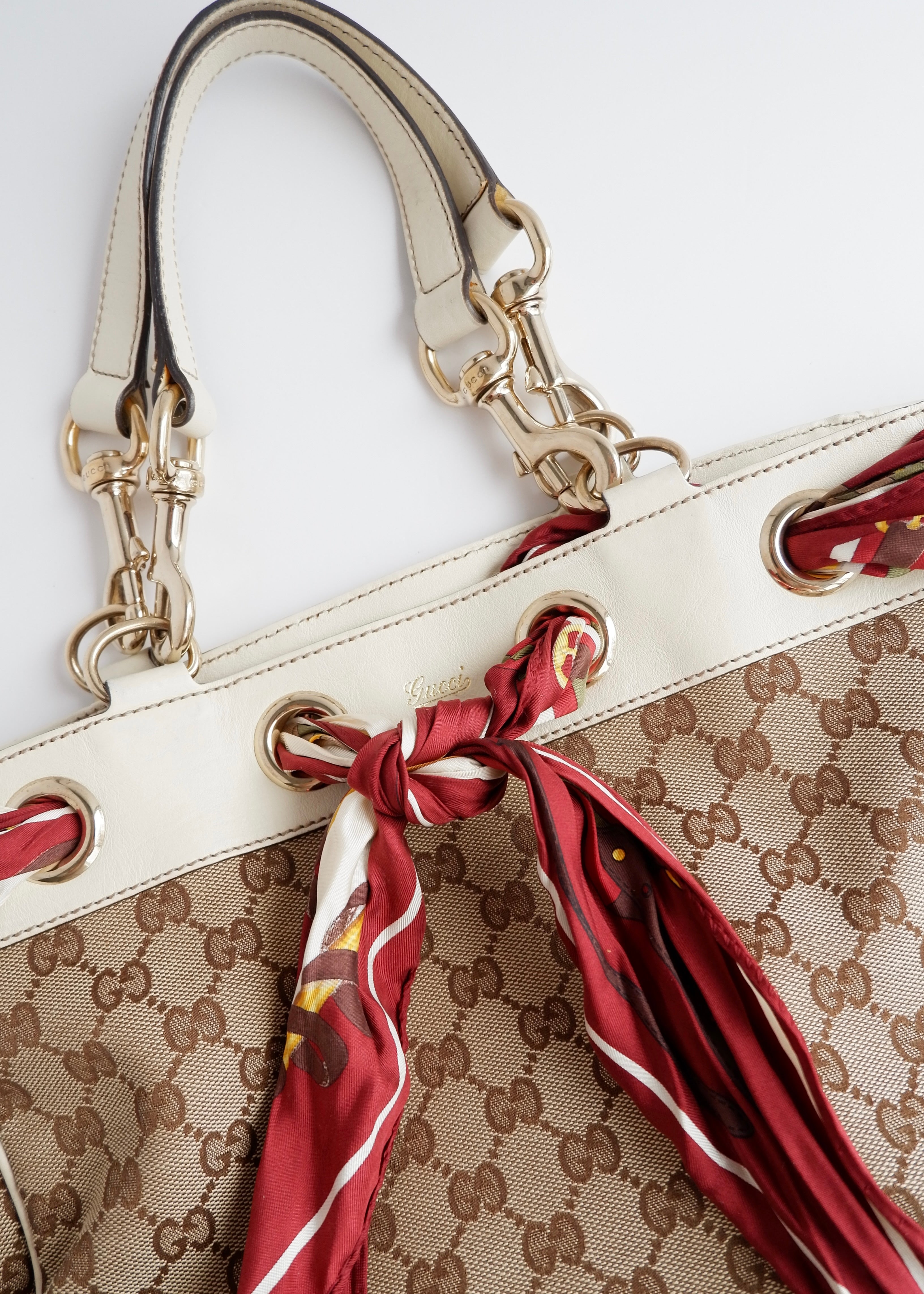 Authentic Preowned Gucci White GG Canvas/ Scarf Detail Handbag