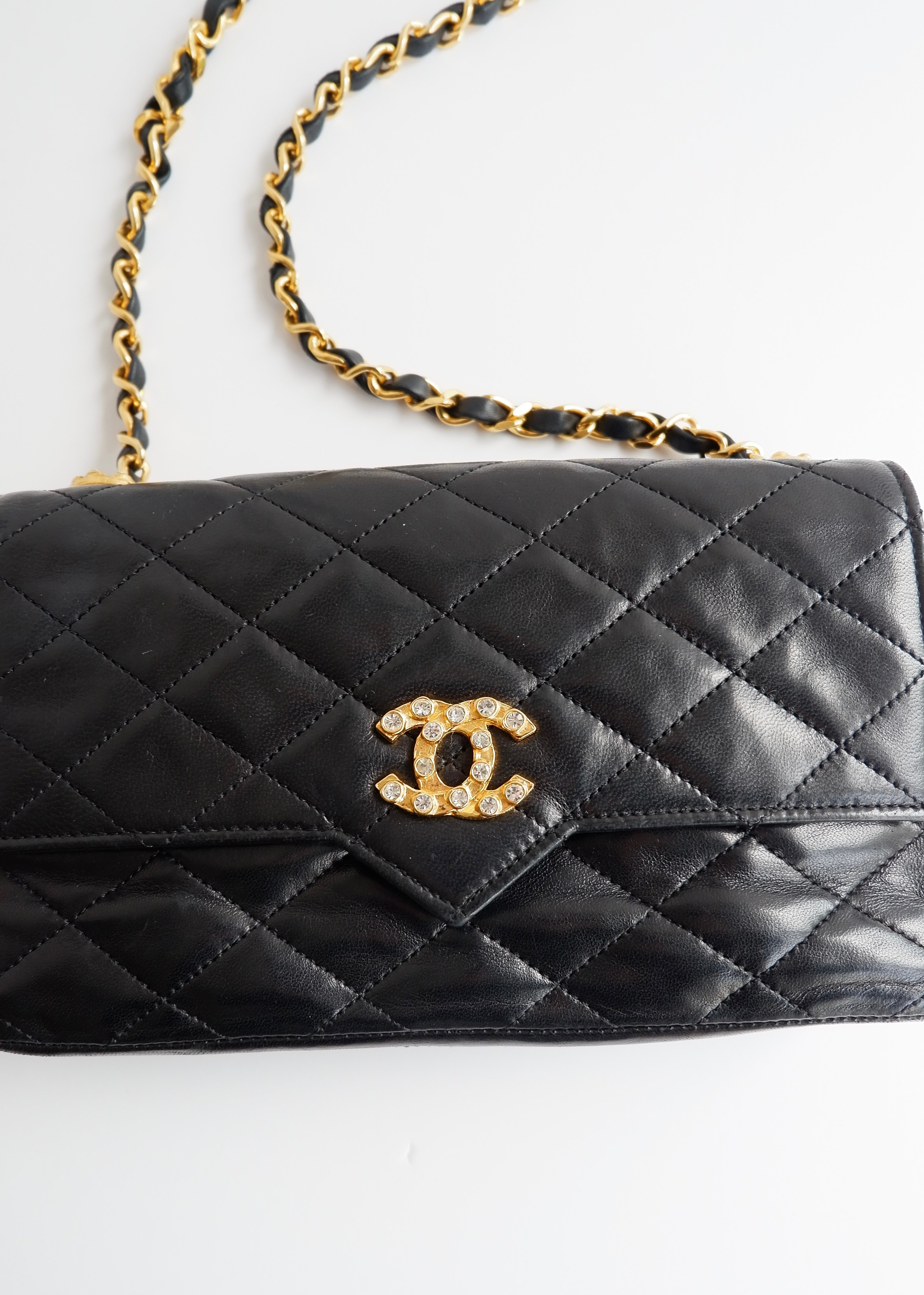 Authentic Preowned Vintage Chanel Black Lambskin Quilted Single Flap Crystal CC Logo Bag GHW