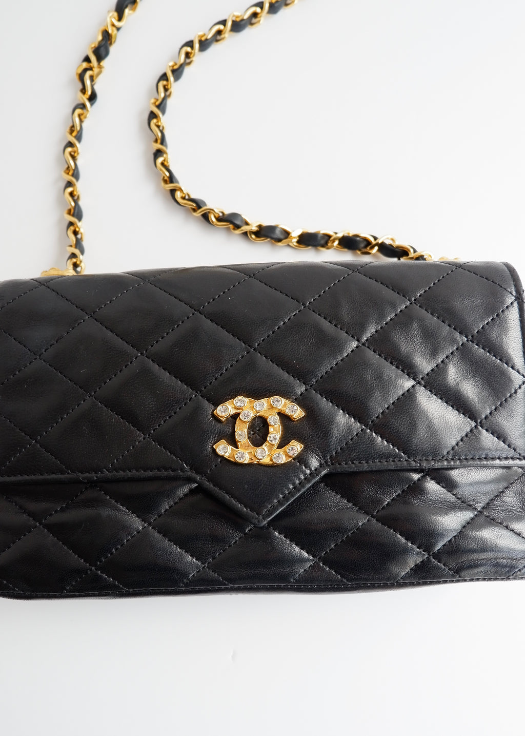 Authentic Preowned Vintage Chanel Black Lambskin Quilted Single Flap Crystal CC Logo Bag GHW