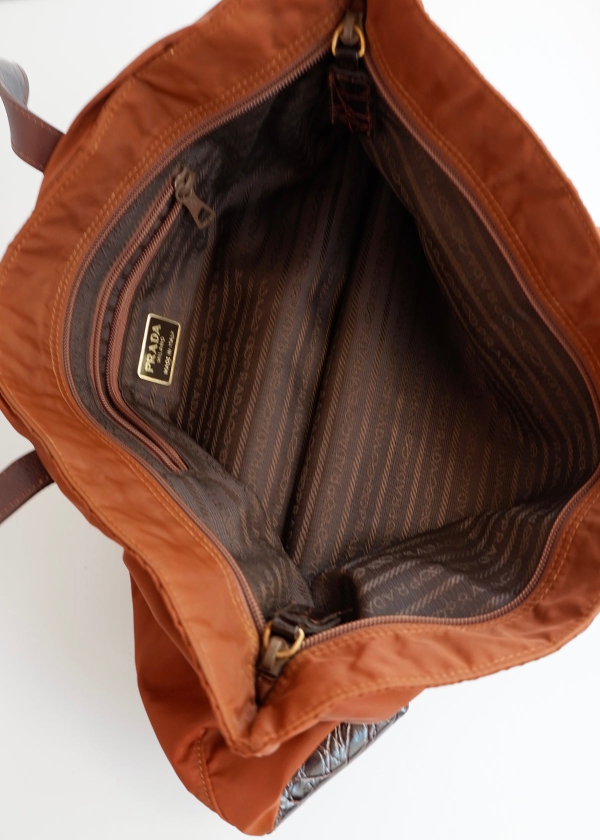 Preowned Prada Brown Nylon/ Patent Croc Long Strap Tote Bag