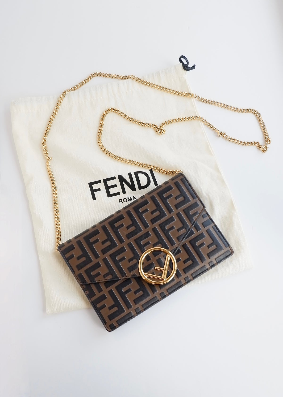 Preowned Fendi Brown Zucca Embossed Leather Wallet on Chain