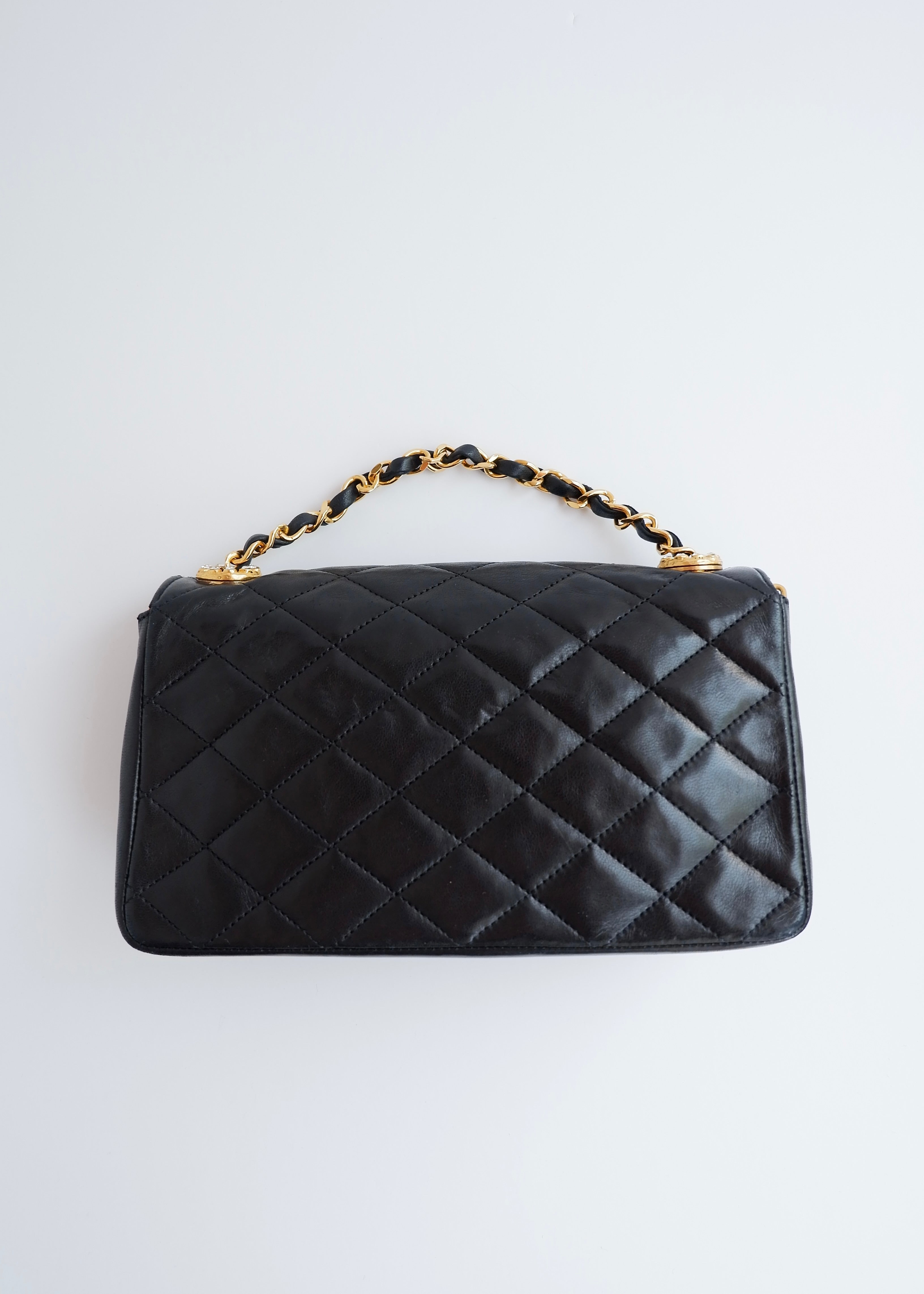 Authentic Preowned Vintage Chanel Black Lambskin Quilted Single Flap Crystal CC Logo Bag GHW