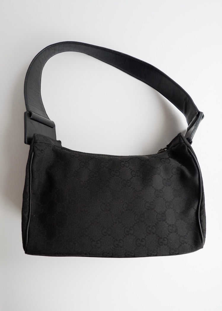 Preowned Gucci Black GG Canvas Leather Strap Shoulder Bag