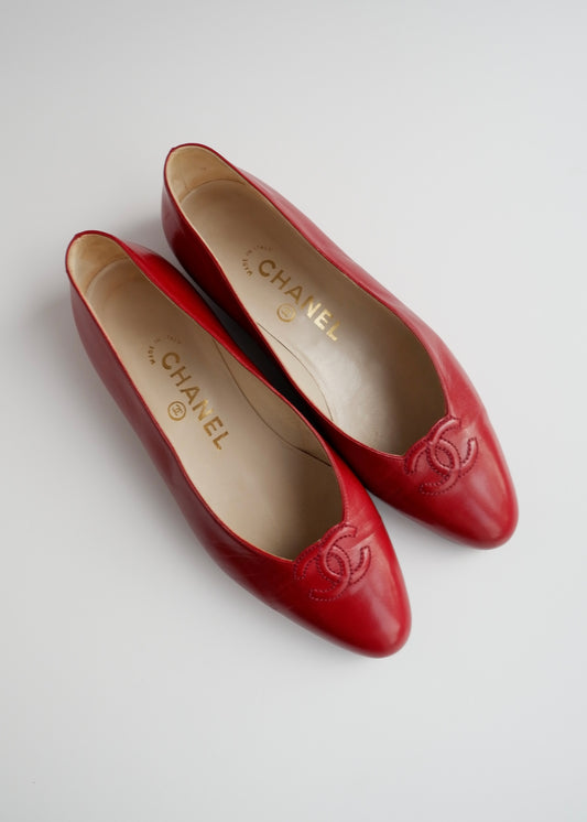 Authentic Preowned Vintage Chanel Red Leather CC Logo Flats - 36