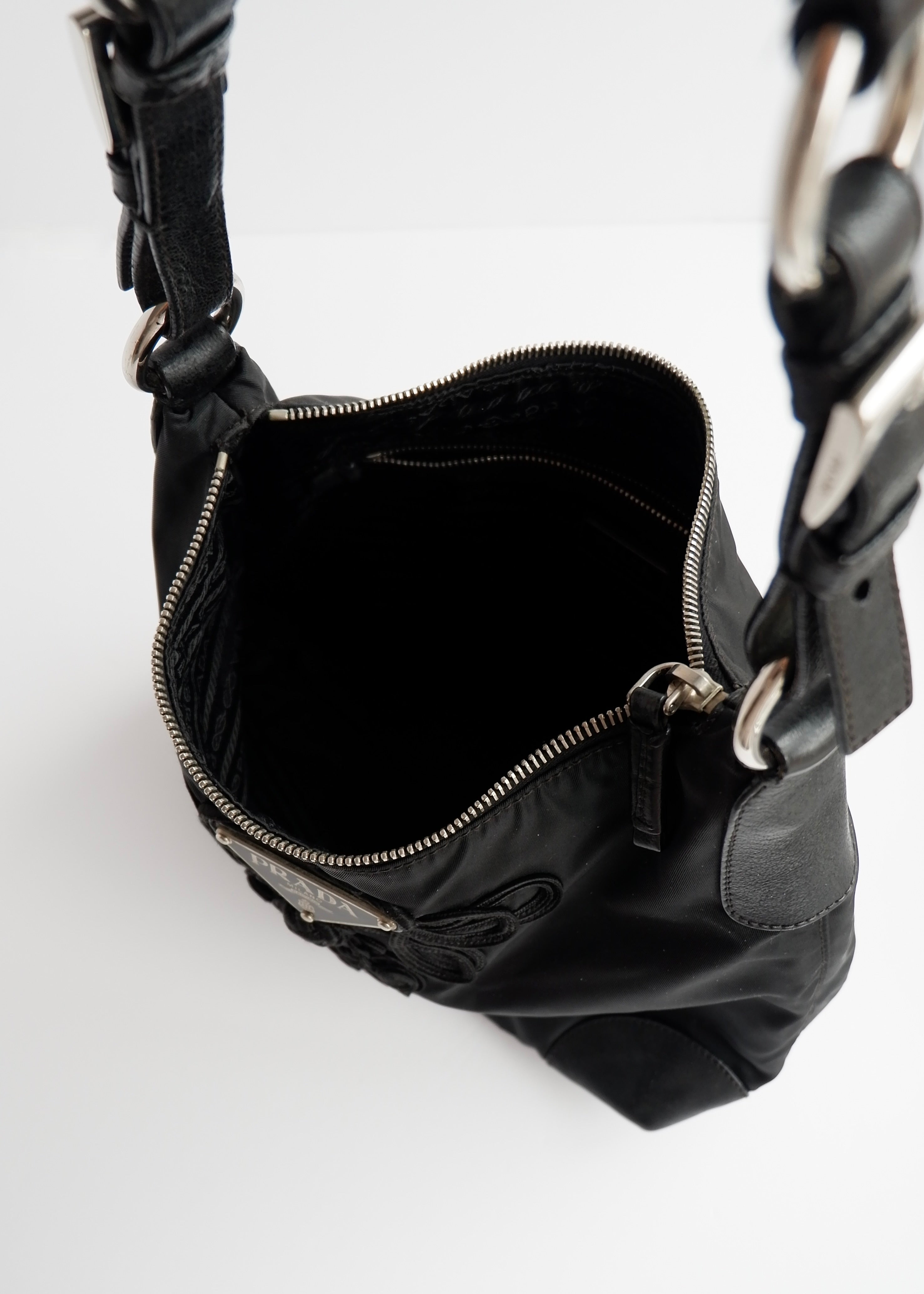 Authentic Preowned Prada Black Nylon Embroidered Hobo Shoulder Bag