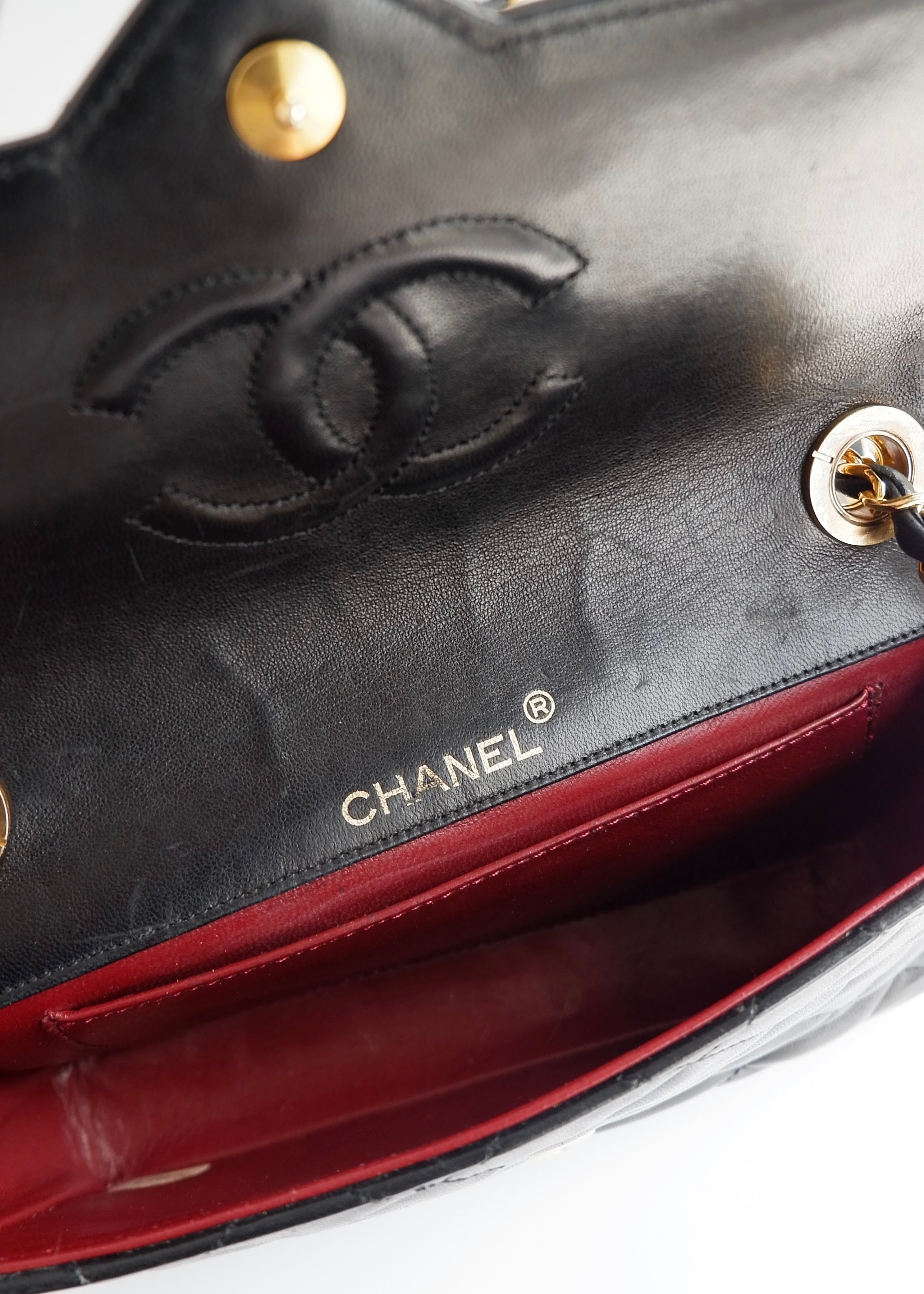 Authentic Preowned Vintage Chanel Black Lambskin Quilted Single Flap Crystal CC Logo Bag GHW