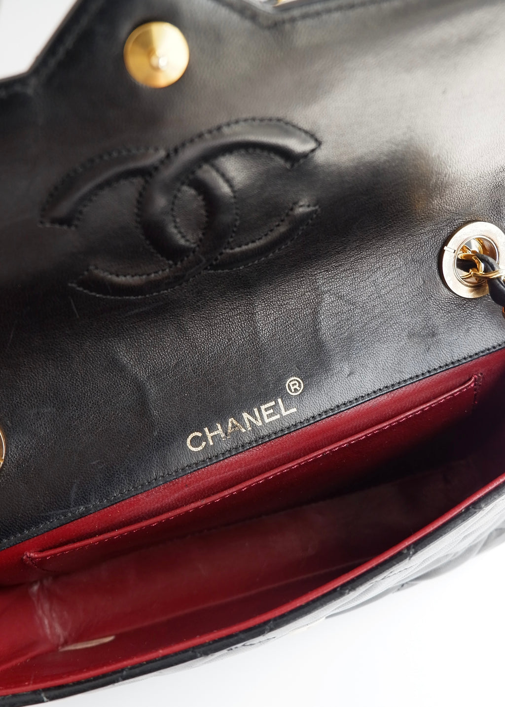 Authentic Preowned Vintage Chanel Black Lambskin Quilted Single Flap Crystal CC Logo Bag GHW