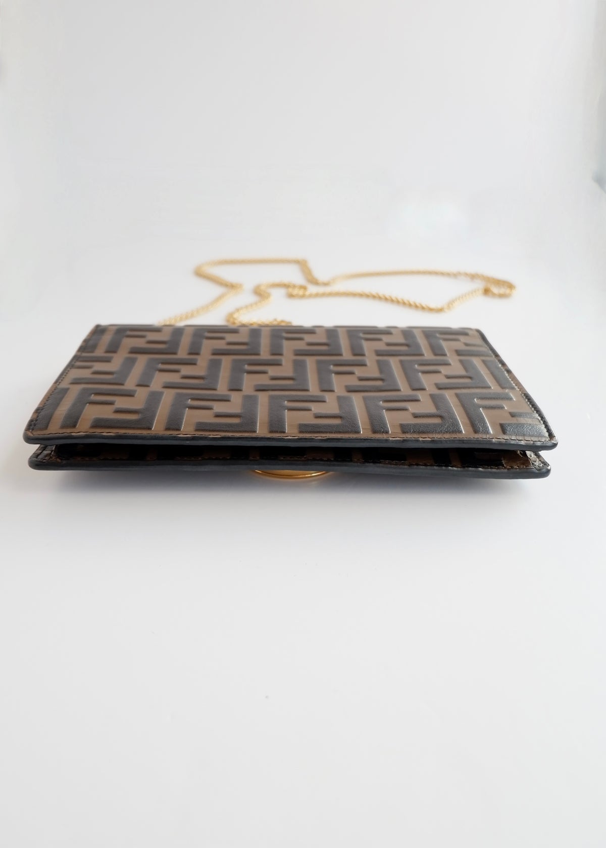 Preowned Fendi Brown Zucca Embossed Leather Wallet on Chain