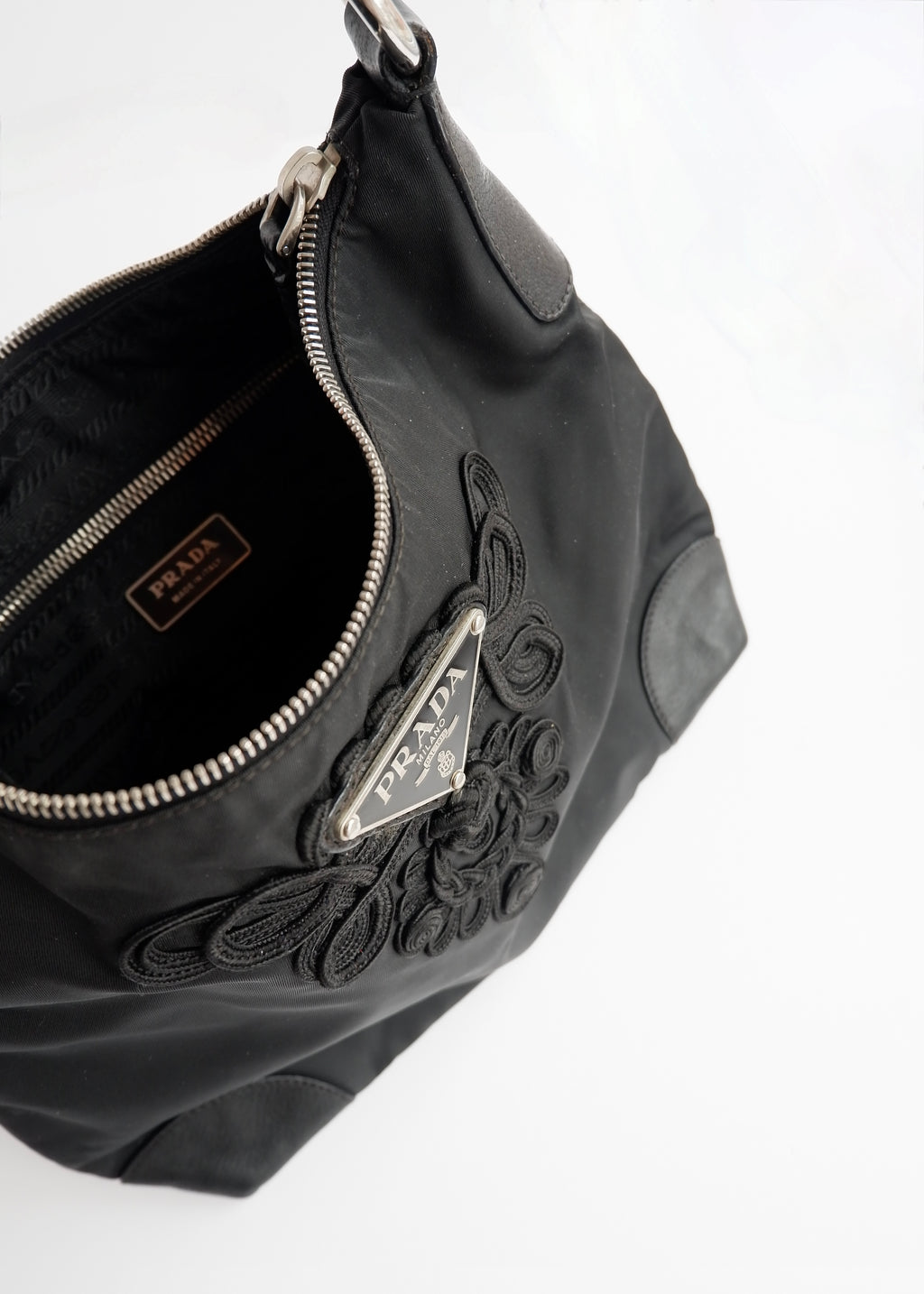 Authentic Preowned Prada Black Nylon Embroidered Hobo Shoulder Bag
