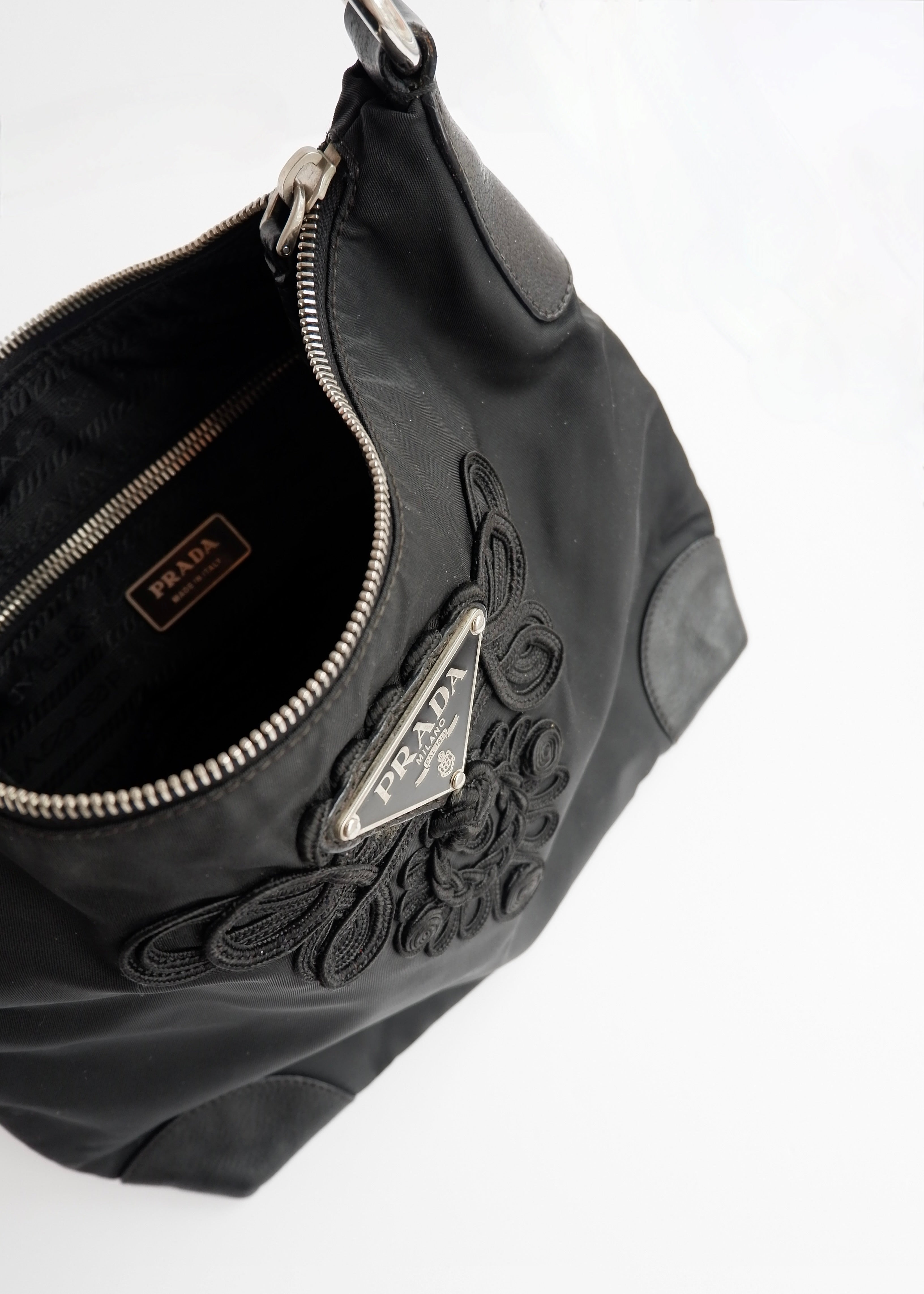 Authentic Preowned Prada Black Nylon Embroidered Hobo Shoulder Bag