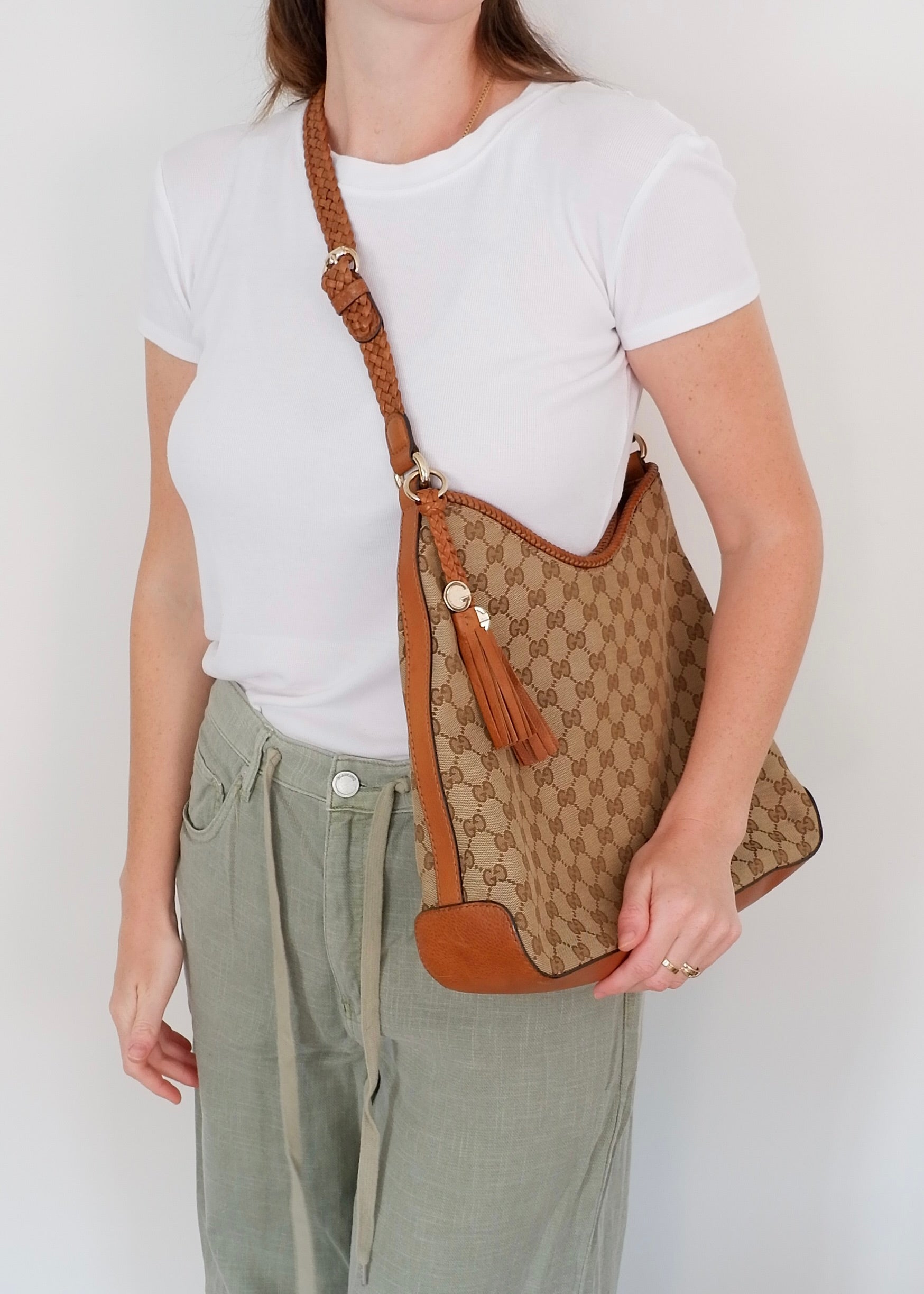 Preowned Gucci Brown GG Canvas Leather Tassel Shoulder Bag