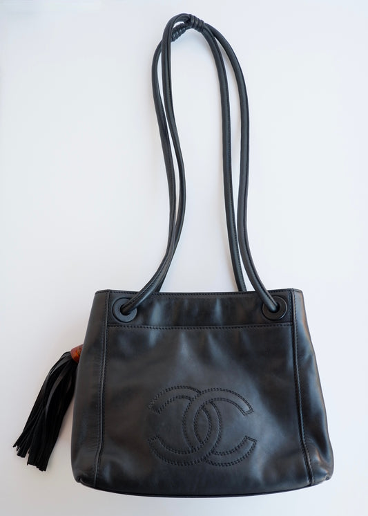 Authentic Preowned Vintage Chanel Black Leather CC Logo Tassel Shoulder Bag
