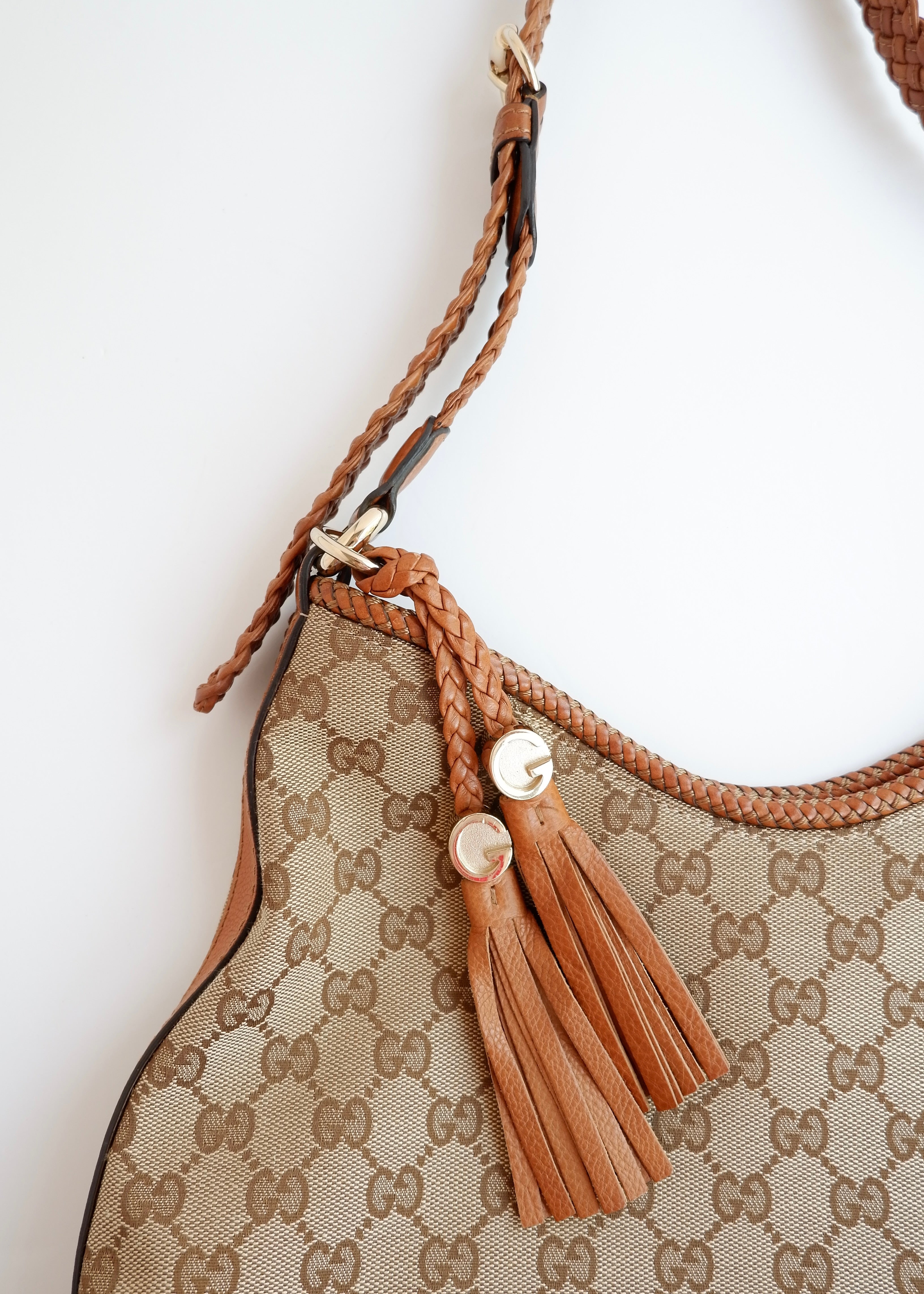 Preowned Gucci Brown GG Canvas Leather Tassel Shoulder Bag