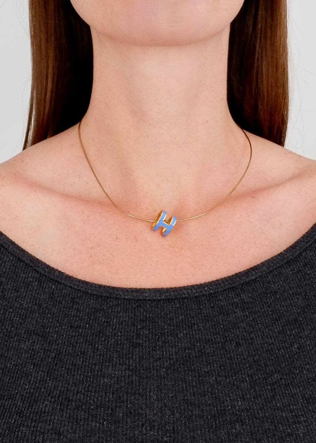 Authentic Preowned Hermes Yellow Gold/ Blue Laquered H Pendant Necklace