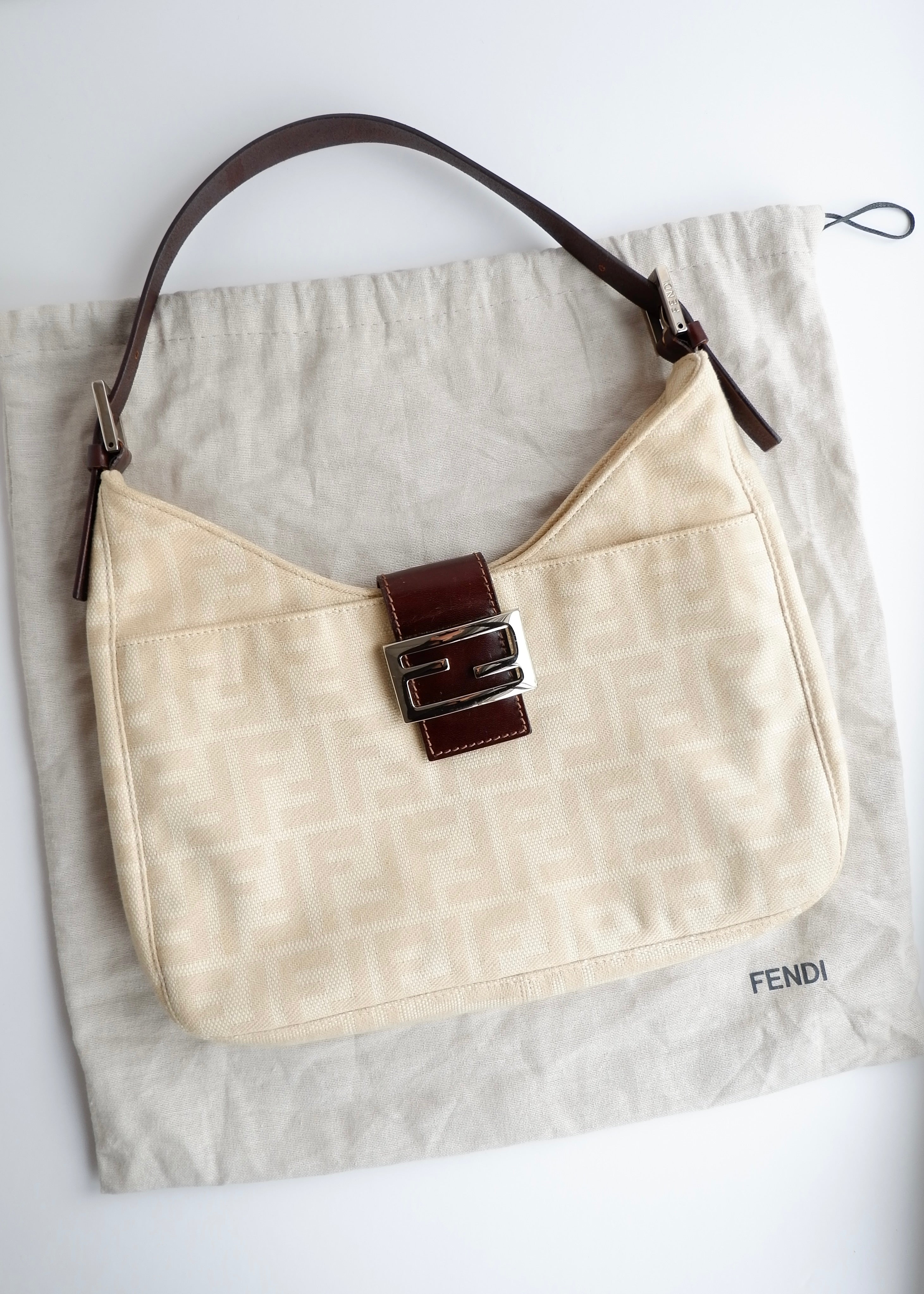 Authentic Preowned Vintage Fendi Ivory Canvas Zucca Shoulder Bag