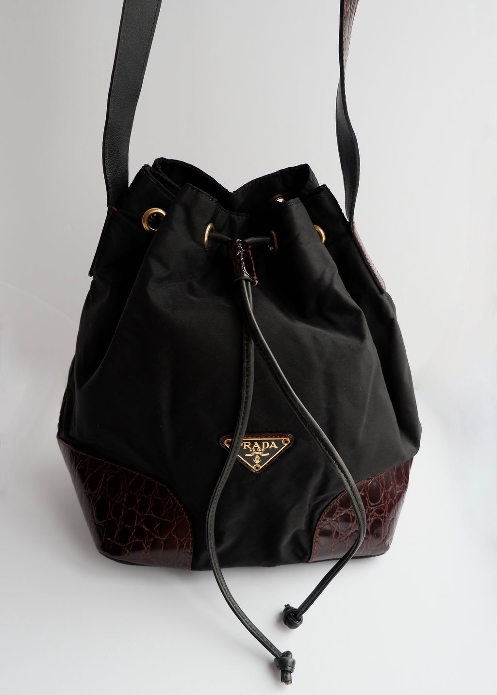 Authentic Preowned Prada Black/Brown Nylon/Leather Bucket Shoulder Bag