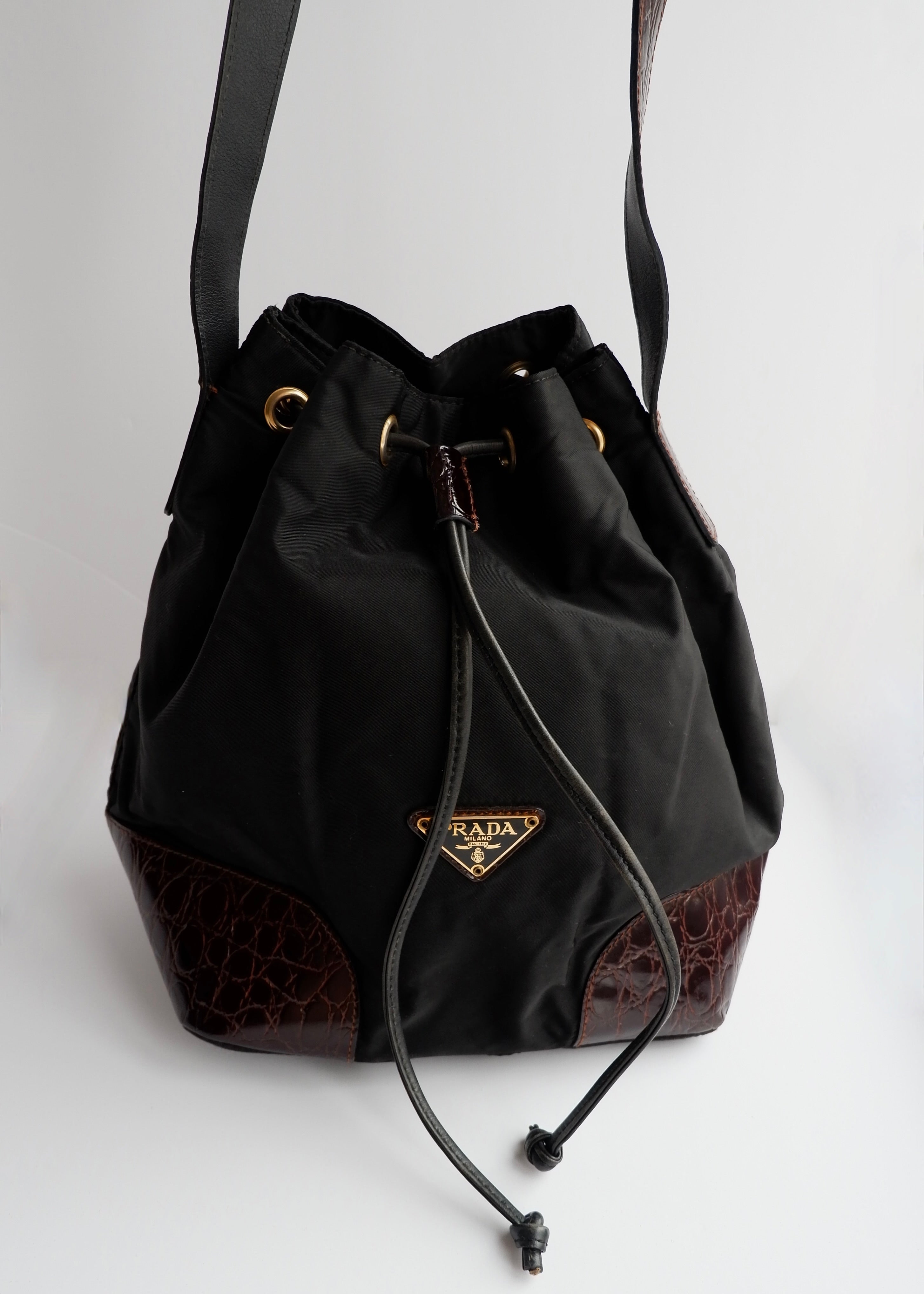 Authentic Preowned Prada Black/Brown Nylon/Leather Bucket Shoulder Bag