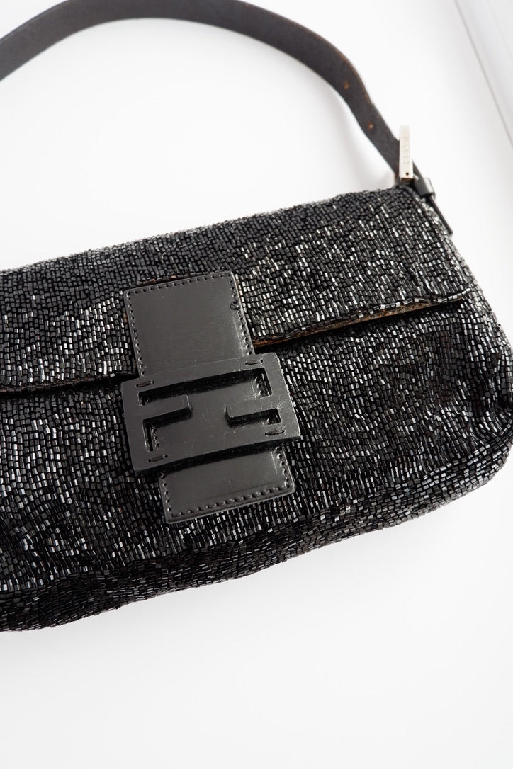 Authentic Preowned Fendi Black Beaded Baguette Shoulder Bag