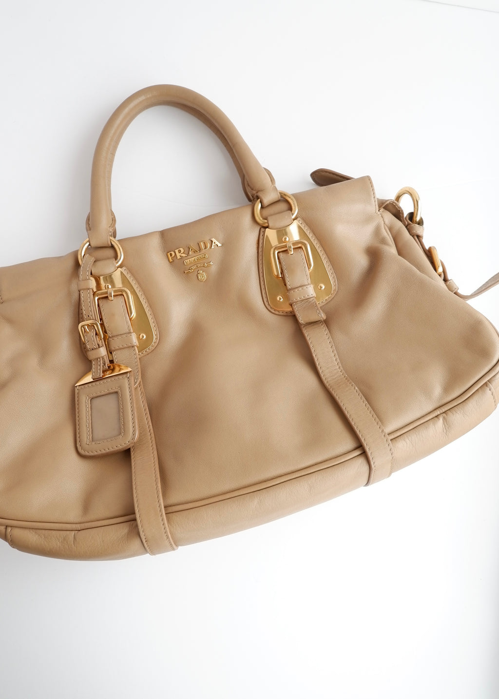 Authentique sac Prada en cuir marron, deux-en-un, d'occasion