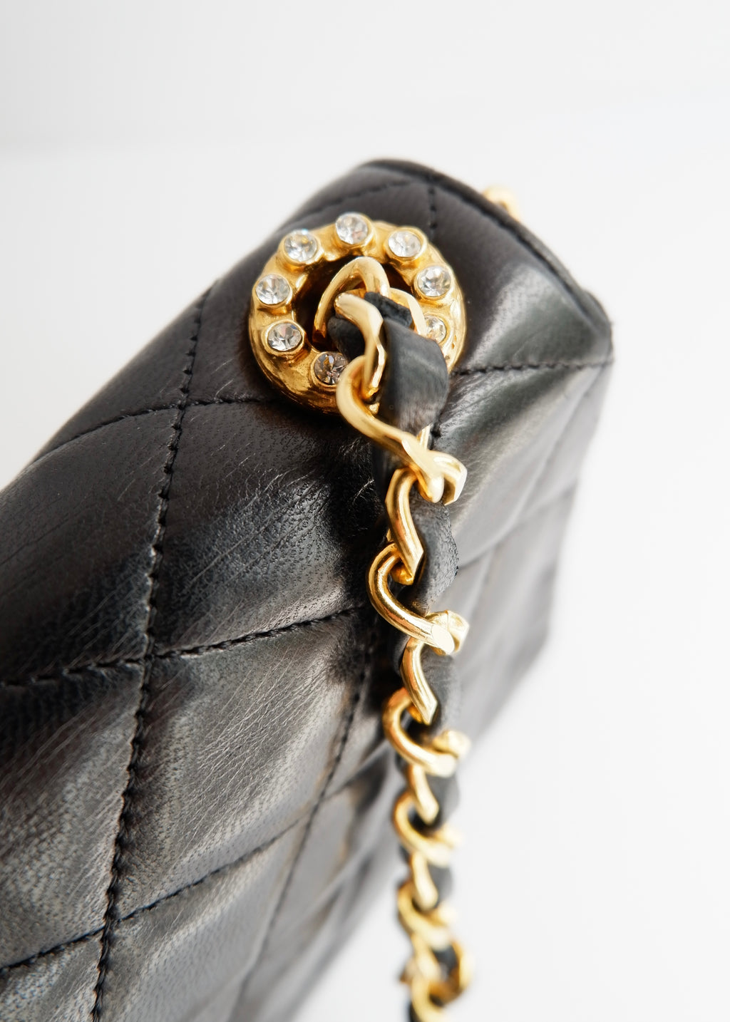 Authentic Preowned Vintage Chanel Black Lambskin Quilted Single Flap Crystal CC Logo Bag GHW