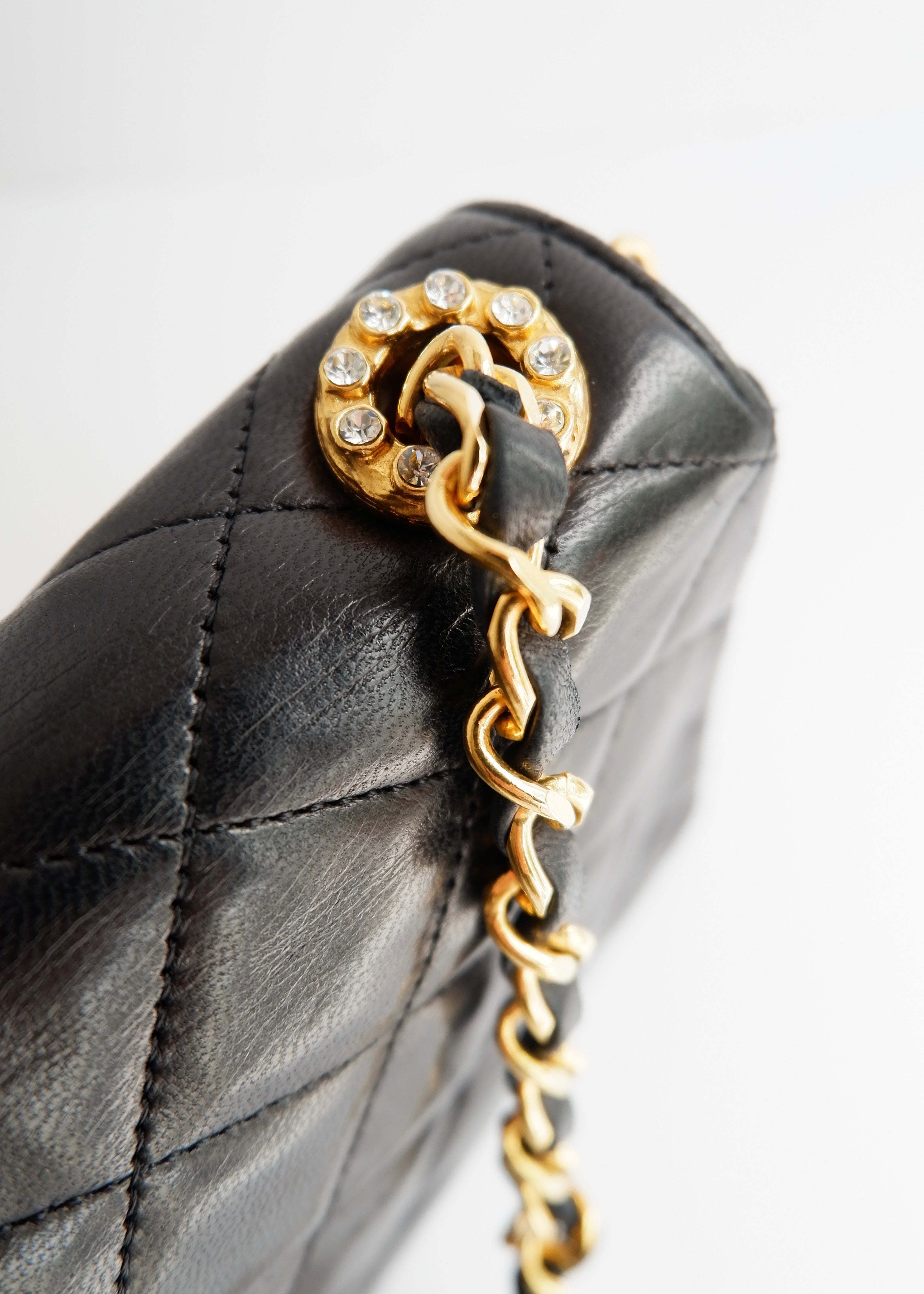 Authentic Preowned Vintage Chanel Black Lambskin Quilted Single Flap Crystal CC Logo Bag GHW