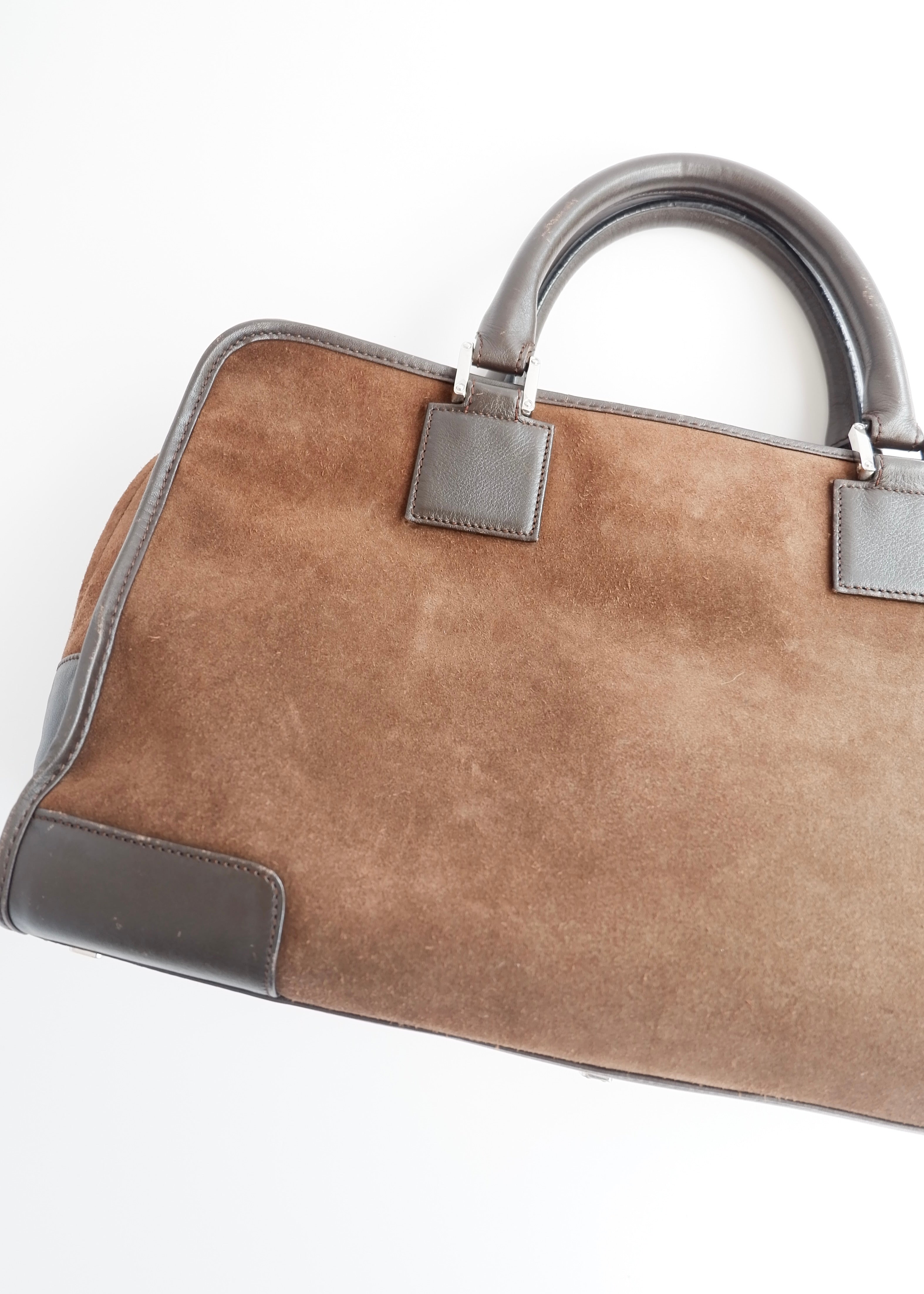 Authentique Sac à main vintage Loewe Amazona en daim et cuir marron pré-adoré
