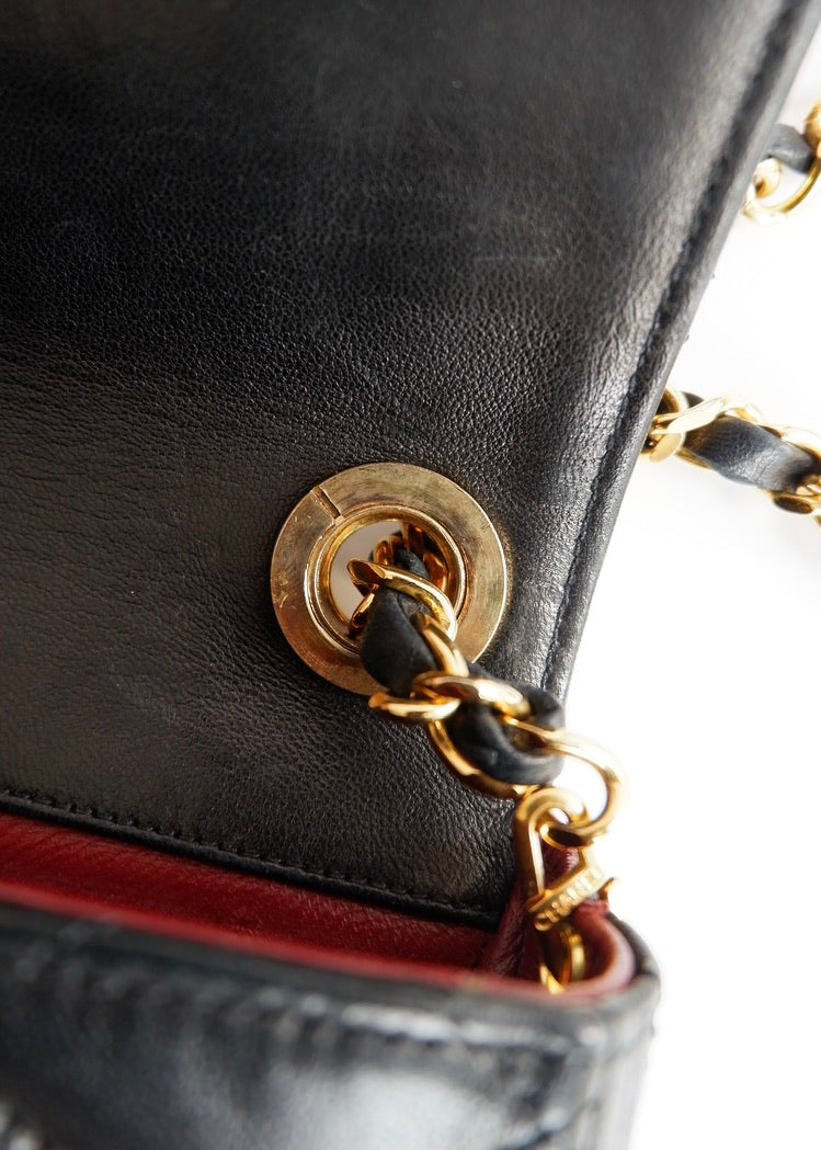 Authentic Preowned Vintage Chanel Black Lambskin Quilted Single Flap Crystal CC Logo Bag GHW