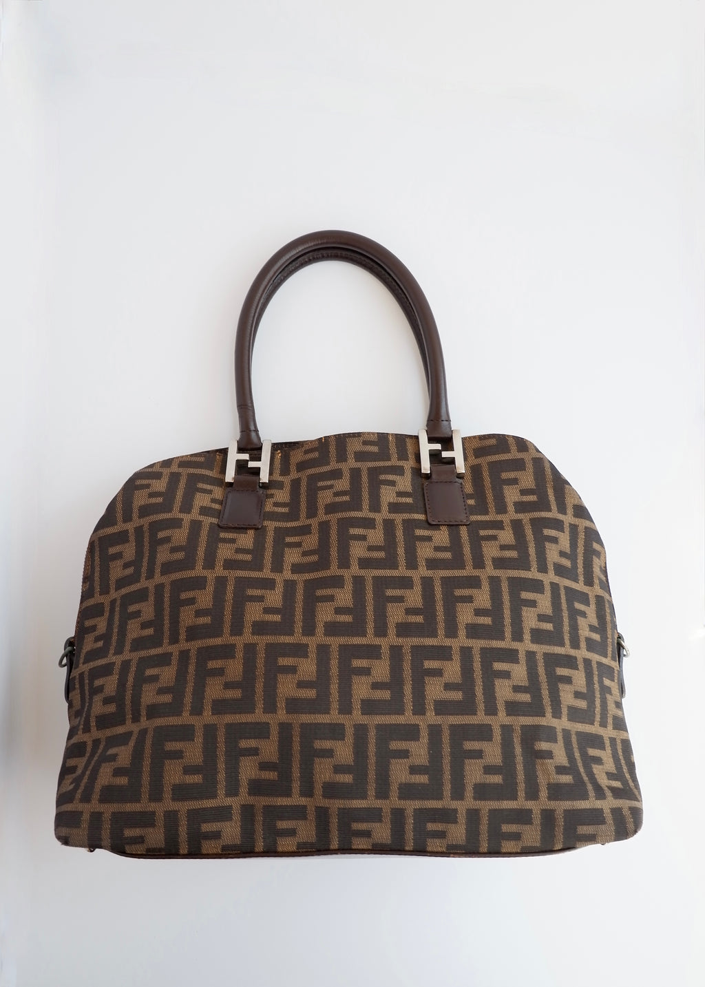 Authentic Preownd Vintage Fendi Brown Canvas Zucca Bowler Shoulder Bag