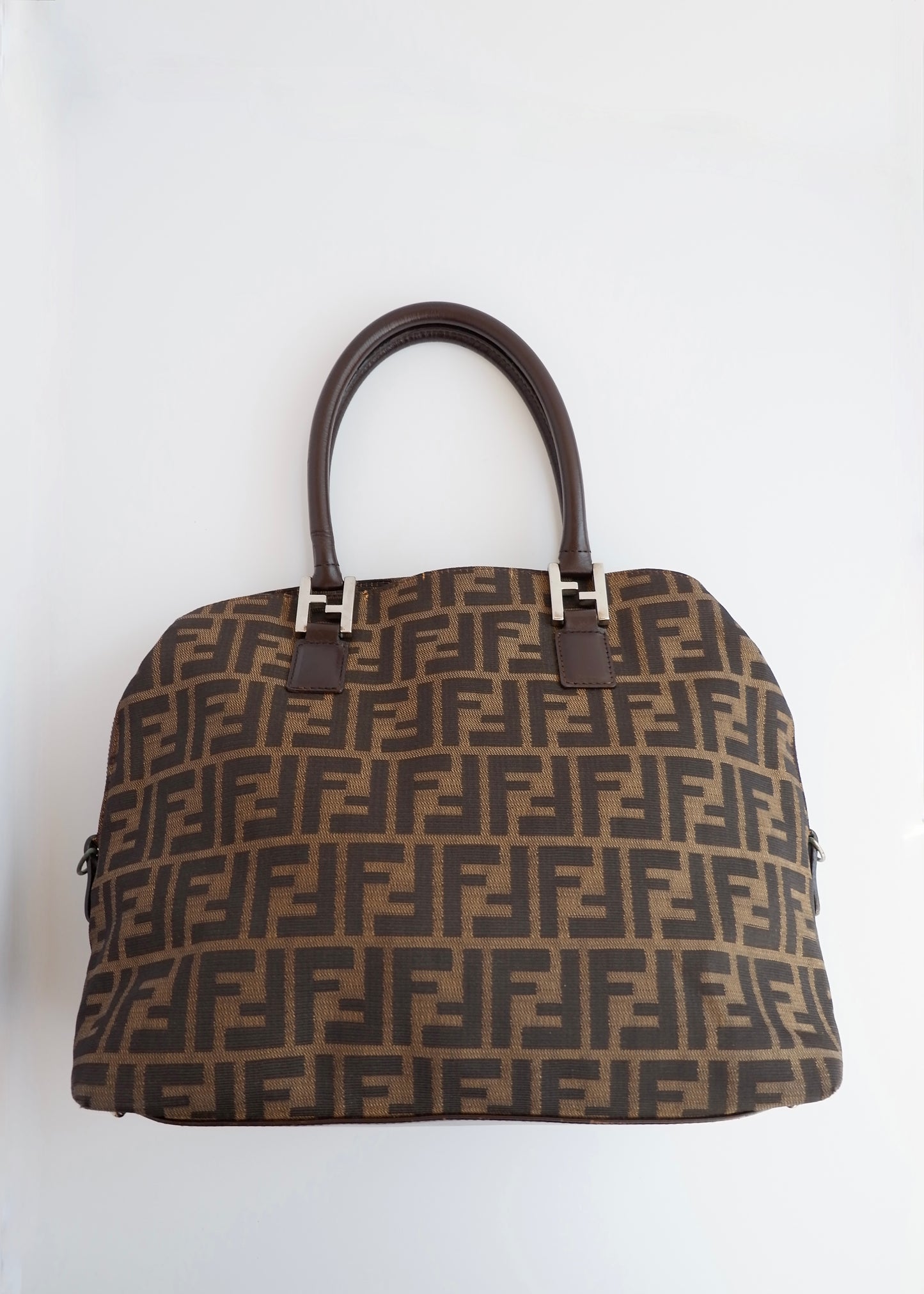 Authentic Preownd Vintage Fendi Brown Canvas Zucca Bowler Shoulder Bag