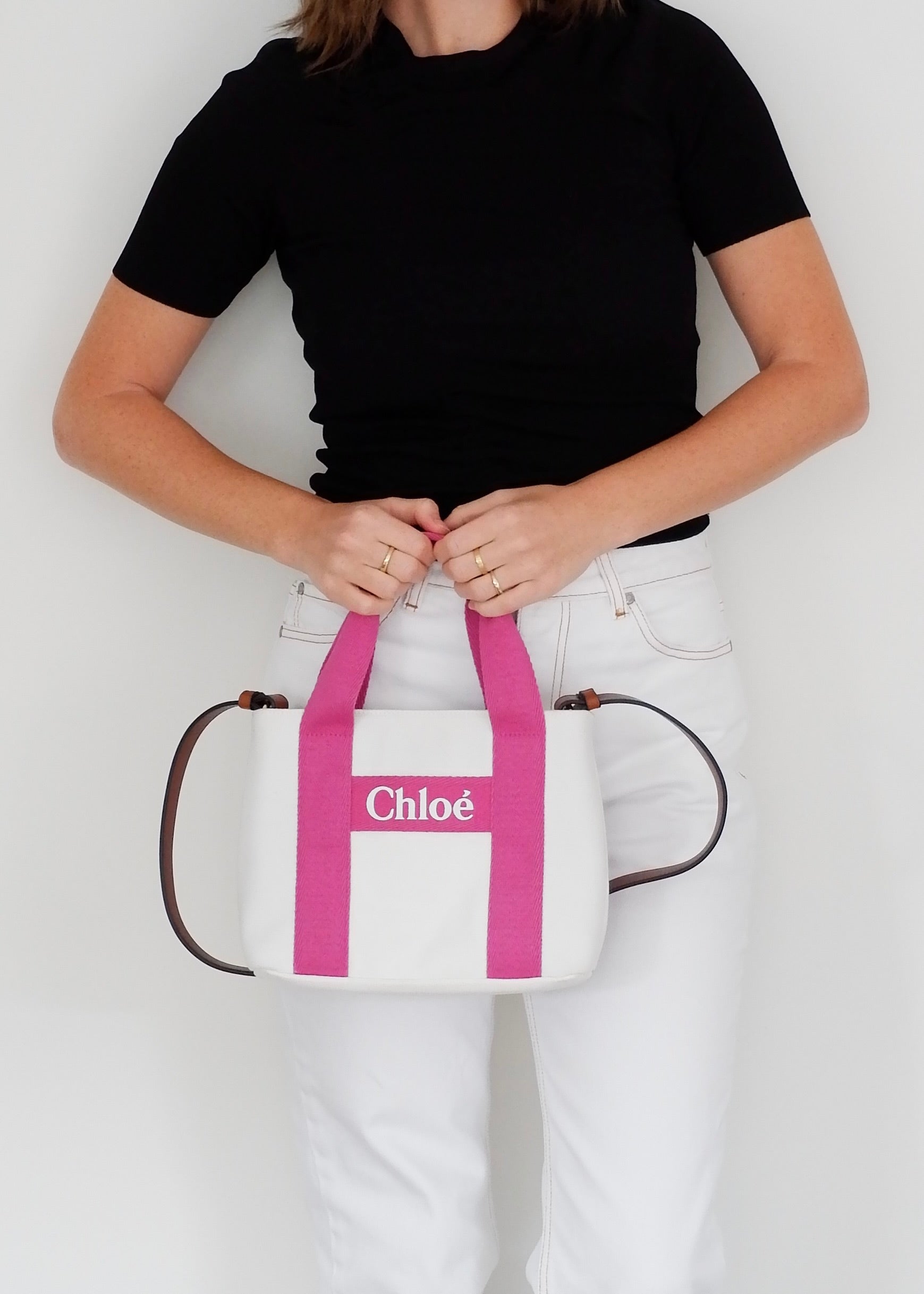 Sac Chloe bandoulière ou à main en toile blanc/rose authentique d'occasion