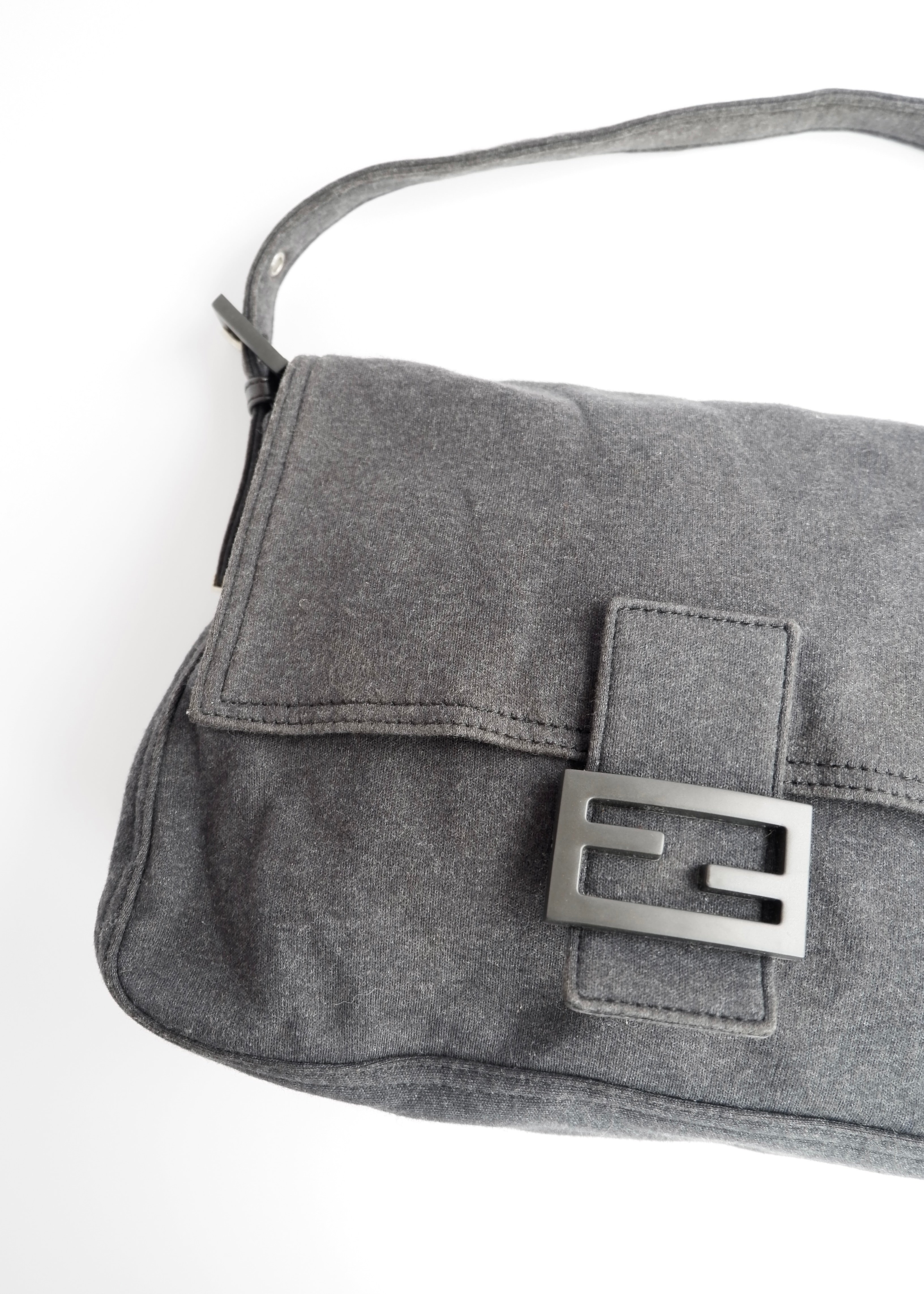 Authentic Preowned Fendi Dark Grey Cotton Mamma Baguette Shoulder Bag
