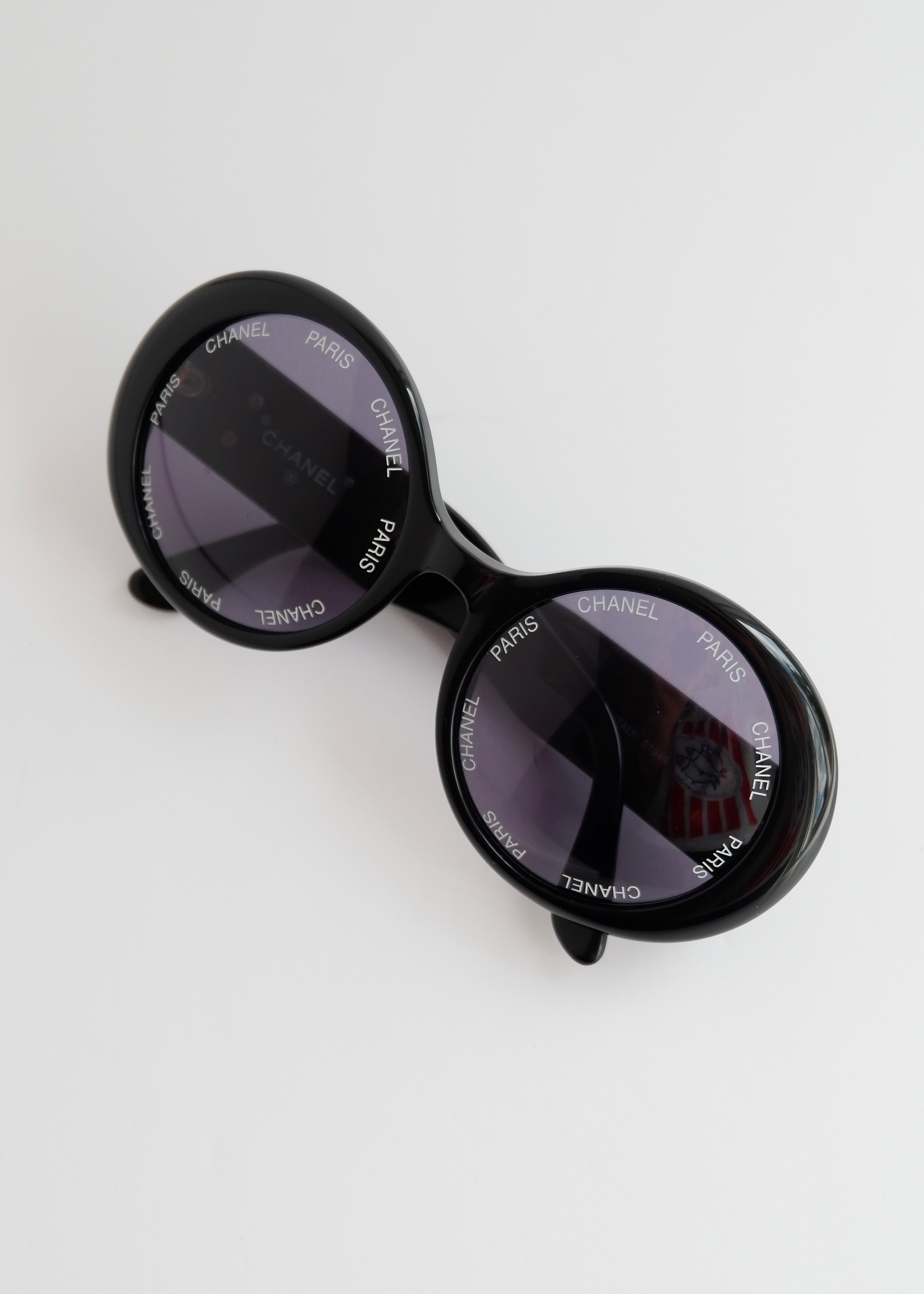 Preowned Vintage Chanel Black Round Rare "CHANEL PARIS" Sunglasses
