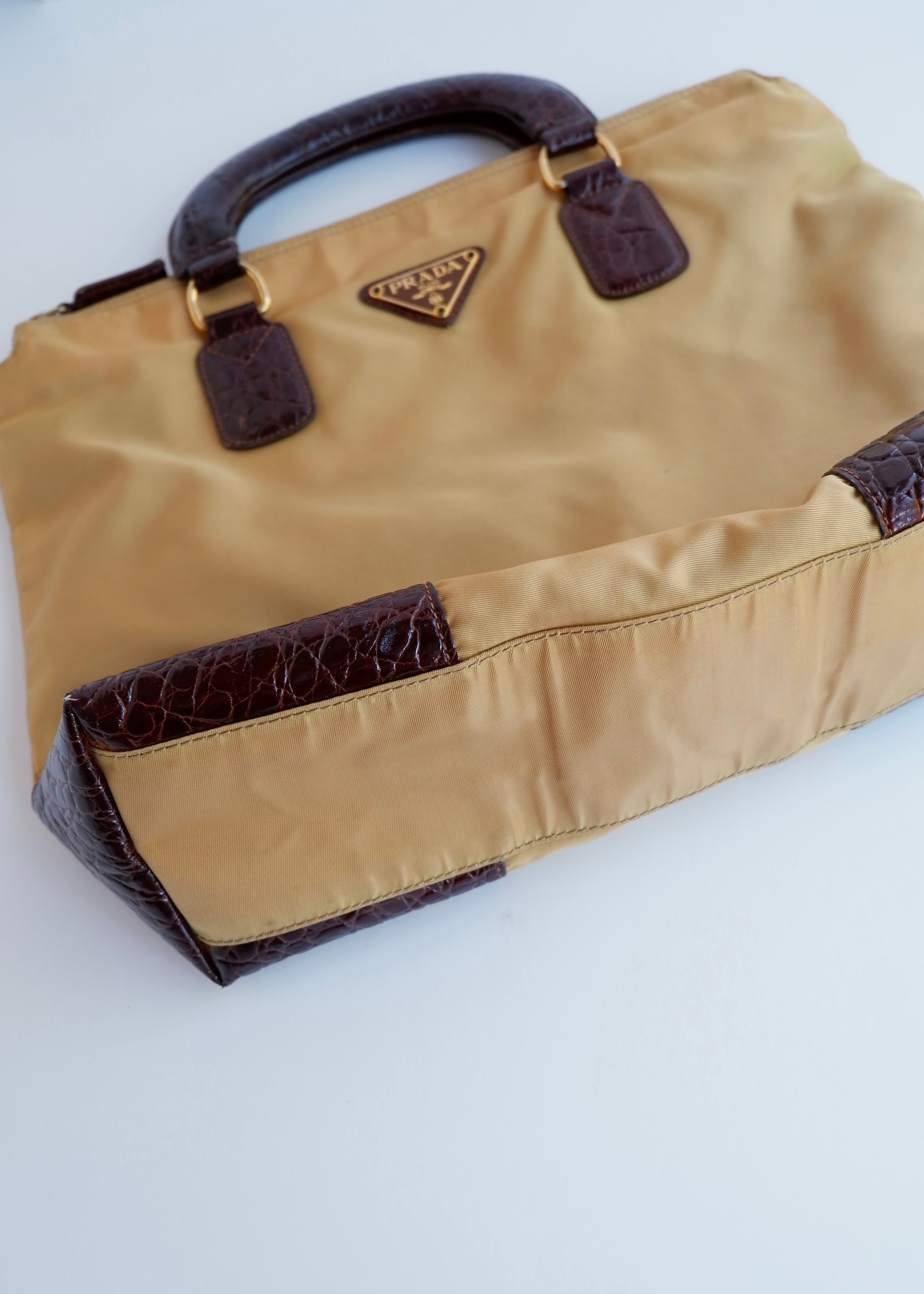 Authentic Preowned Vintage Prada Brown/Khaki Nylon/Patent Leather Handbag