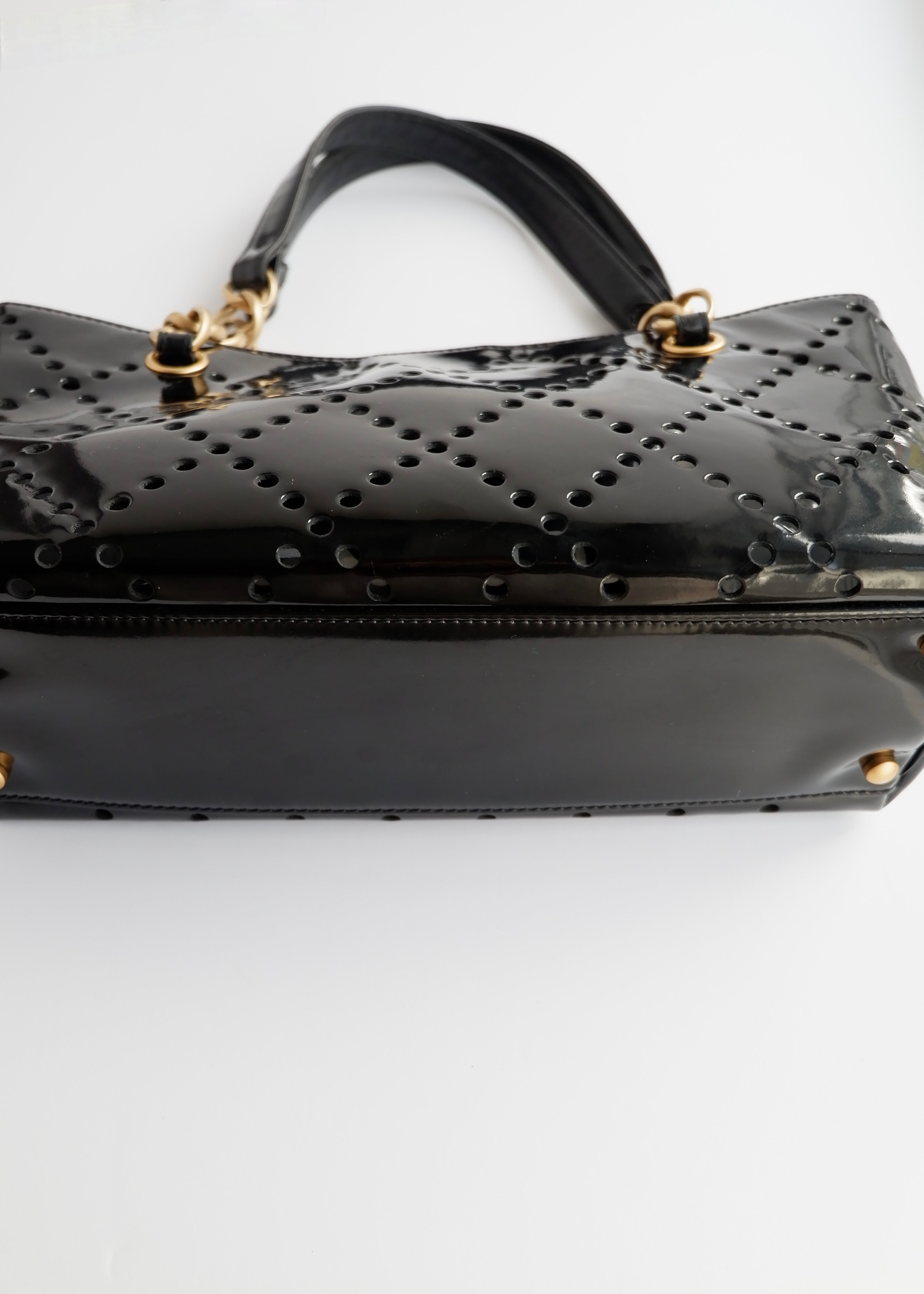 Authentic Preowned Chanel Black Patent Perforated Leather CC Logo Shoulder Bag
