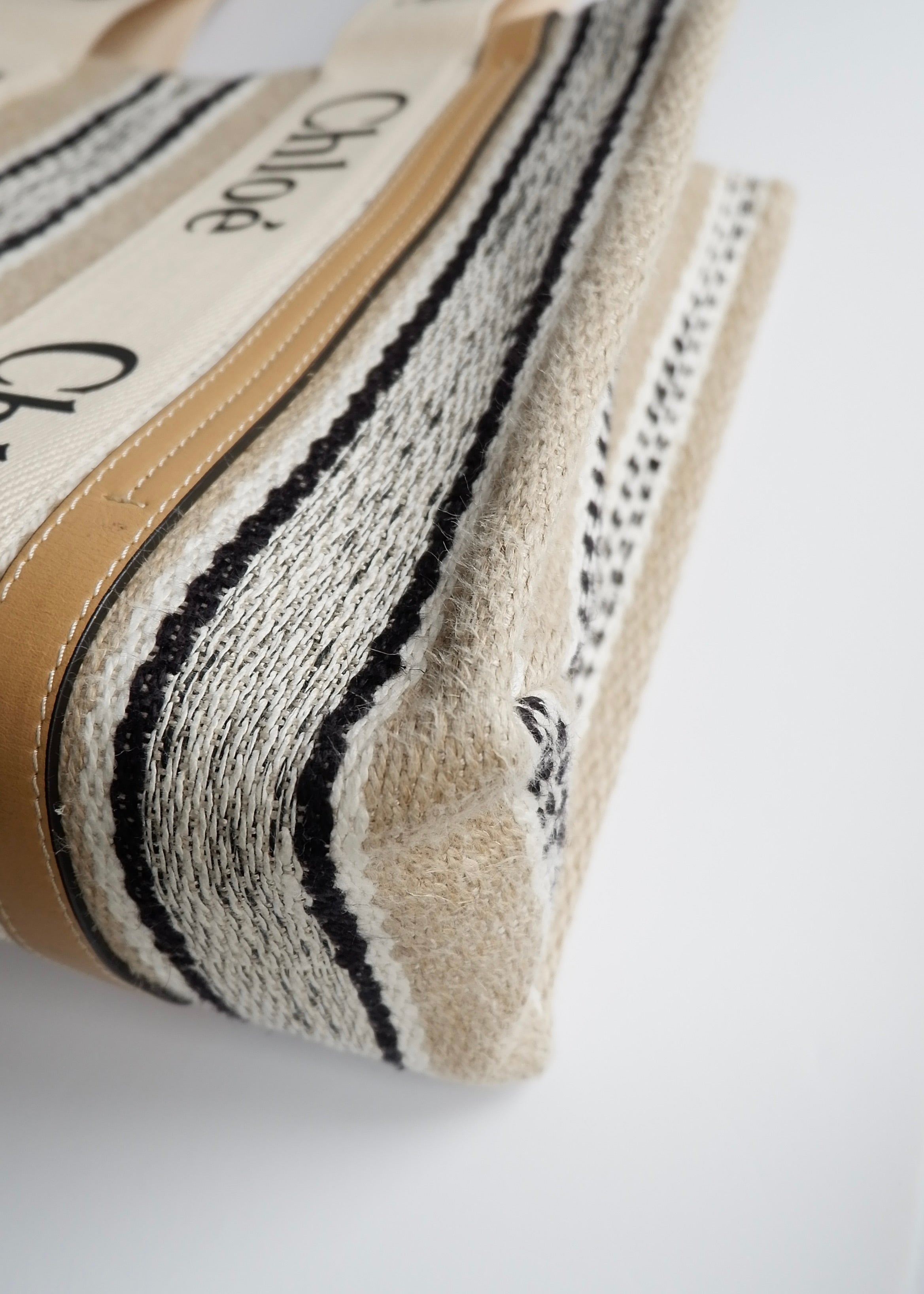 Authentic Preowned Chloe Beige/Black Striped Canvas Medium Woody Tote Bag