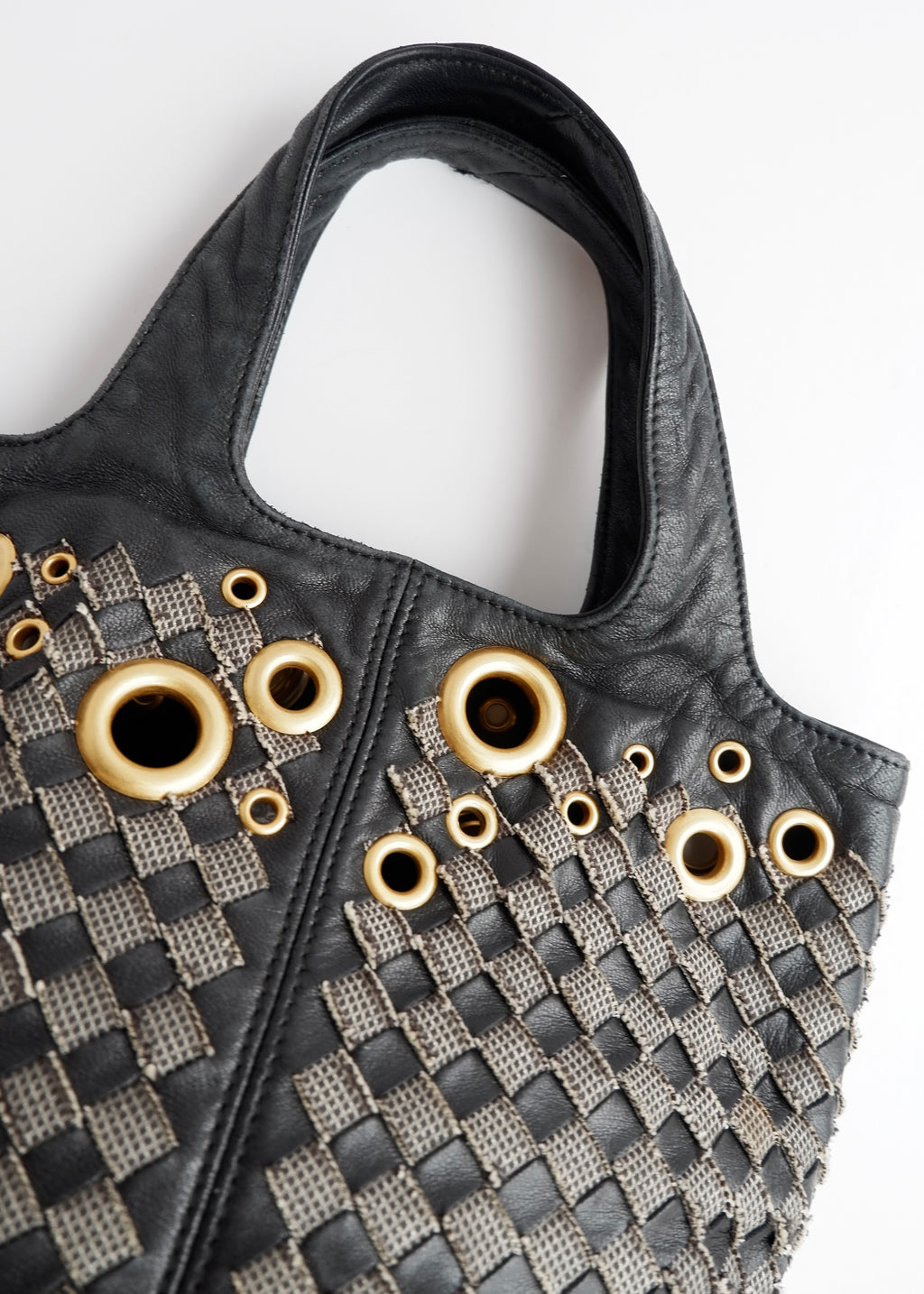Authentic Preowned Bottega Veneta Black Leather Intrecciato Gold Rivet/Studded Handbag