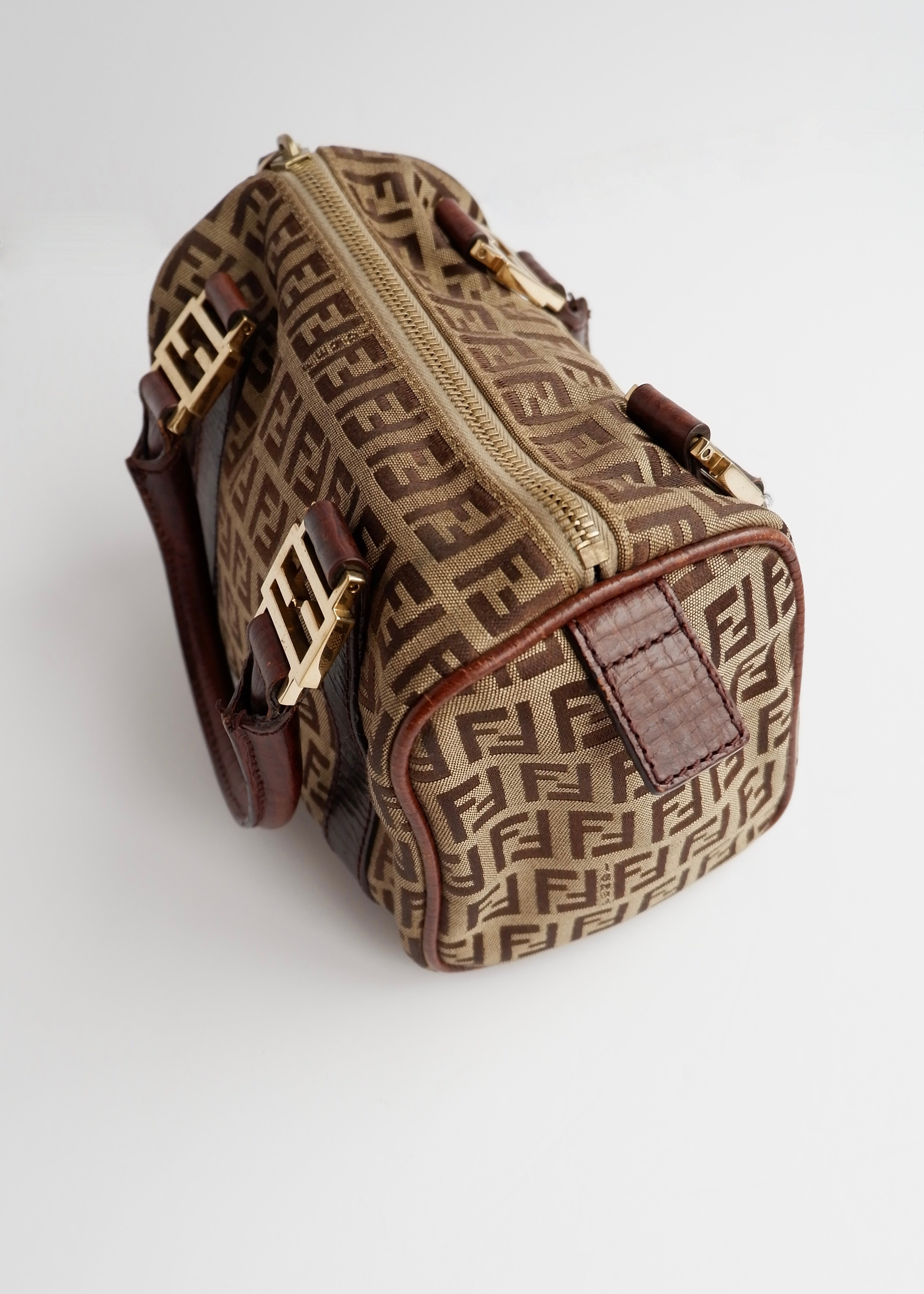 Authentique Sac Boston Fendi Zucchino Toile Marron Petit Forever Bauletto d'occasion