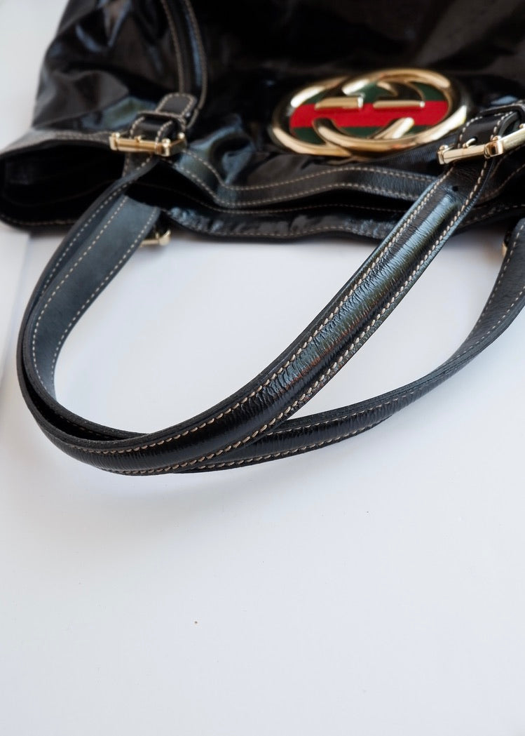 Preowned Gucci Black Dialux/ Patent Leather Britt Shoulder Tote