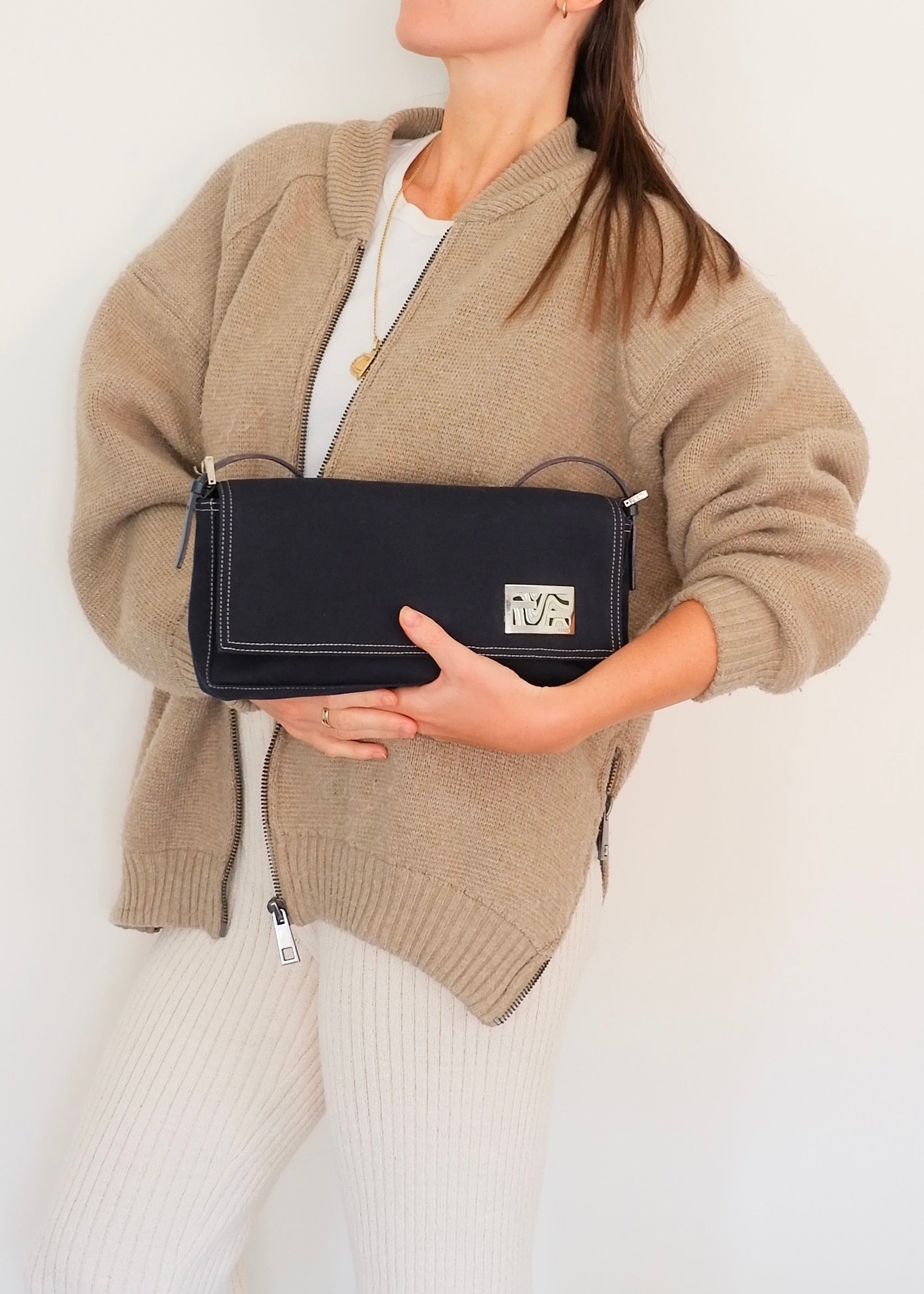 Authentic Preowned Fendi Navy Blue Fabric FF Marble Shoulder Bag