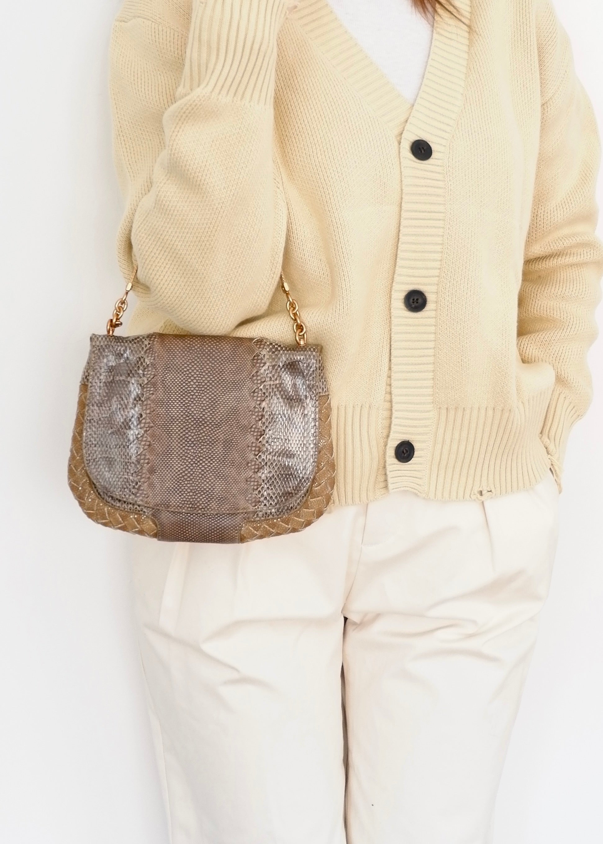 Sac à main en cuir embossé marron/beige Bottega Veneta d'occasion authentique