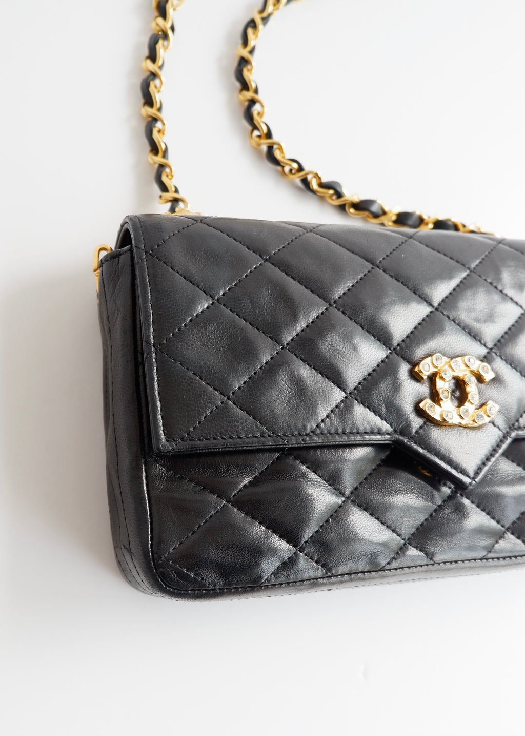 Authentic Preowned Vintage Chanel Black Lambskin Quilted Single Flap Crystal CC Logo Bag GHW