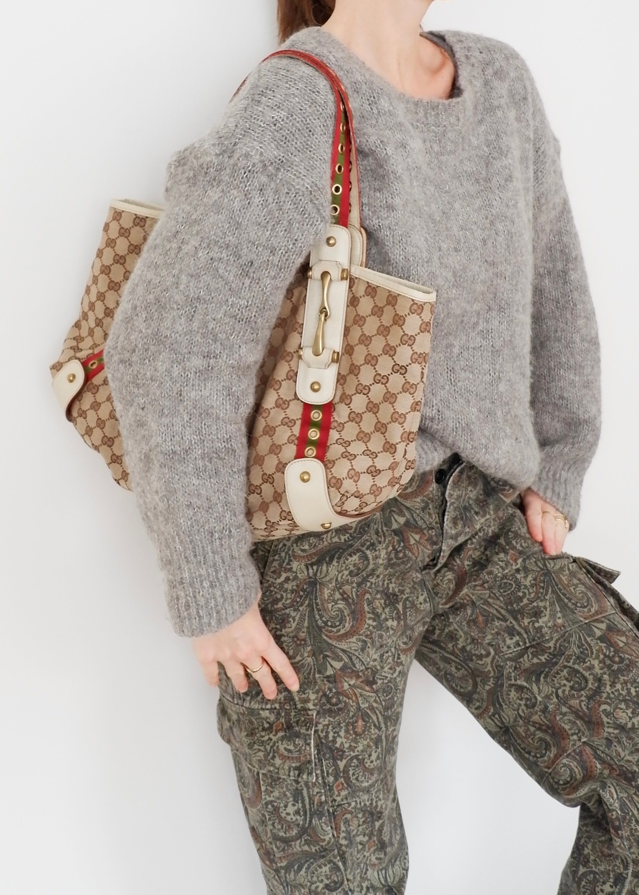 Authentic Preowned Gucci White GG Canvas Sherry Line Hobo Shoulder Bag