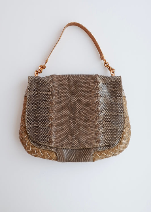 Authentic Preowned Bottega Veneta Brown/ Beige Embossed Leather Handbag