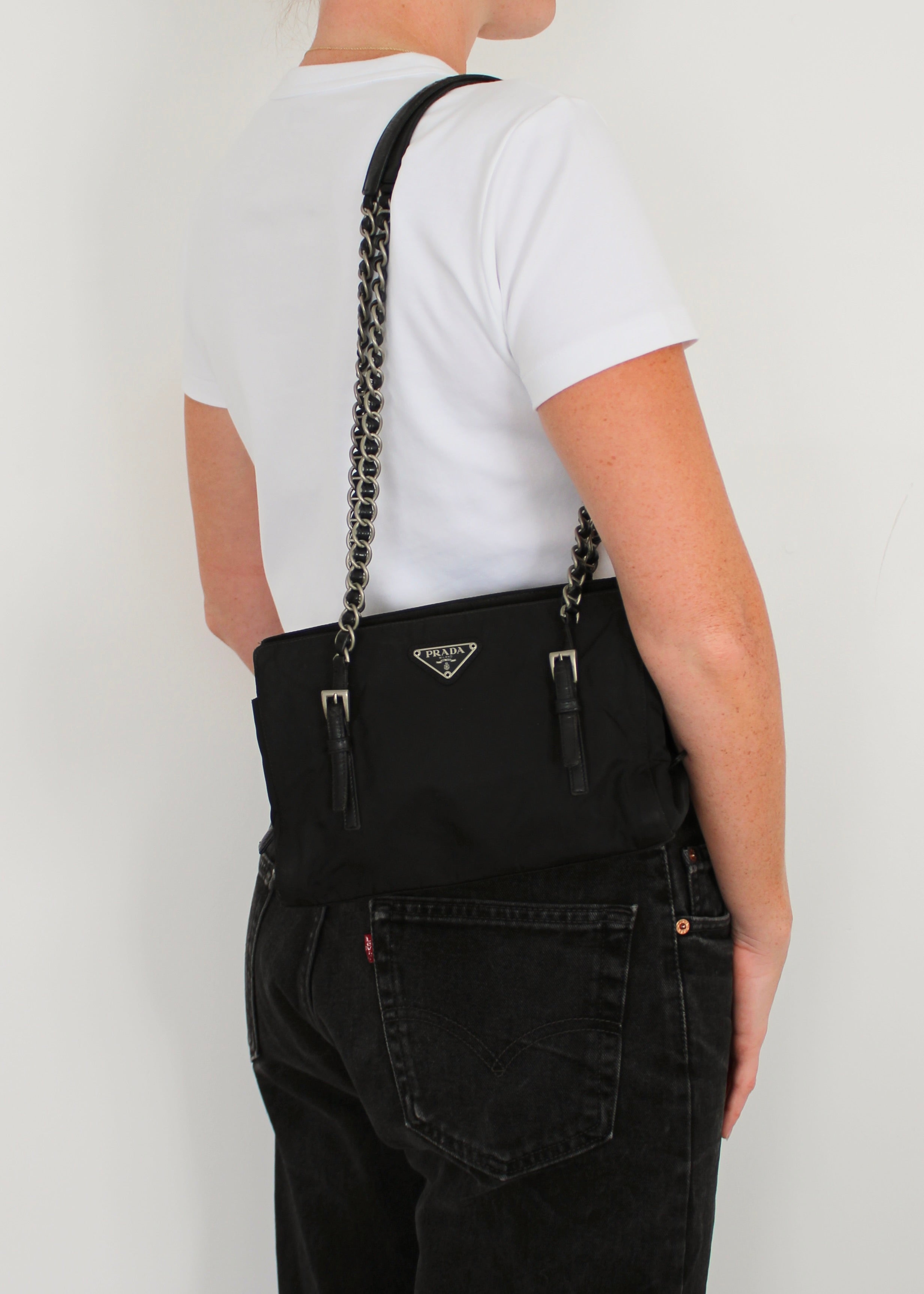 Authentic Preowned Prada Black Nylon/ Leather Metal Chain Shoulder Bag