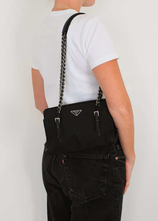 Authentic Preowned Prada Black Nylon/ Leather Metal Chain Shoulder Bag