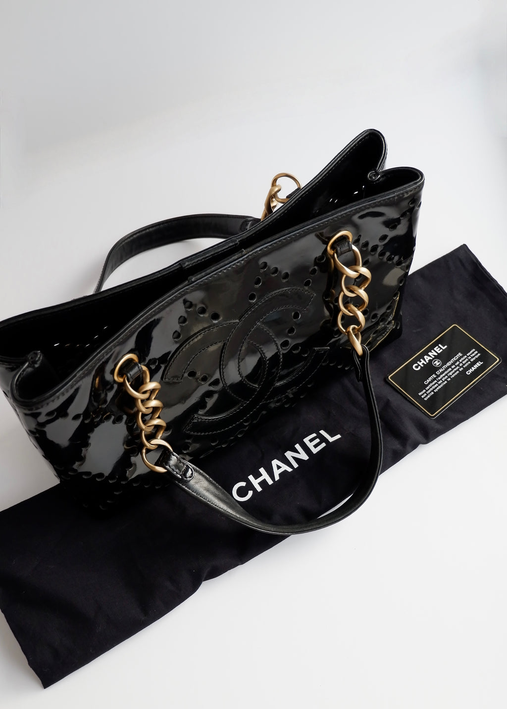 Authentic Preowned Chanel Black Patent Perforated Leather CC Logo Shoulder Bag