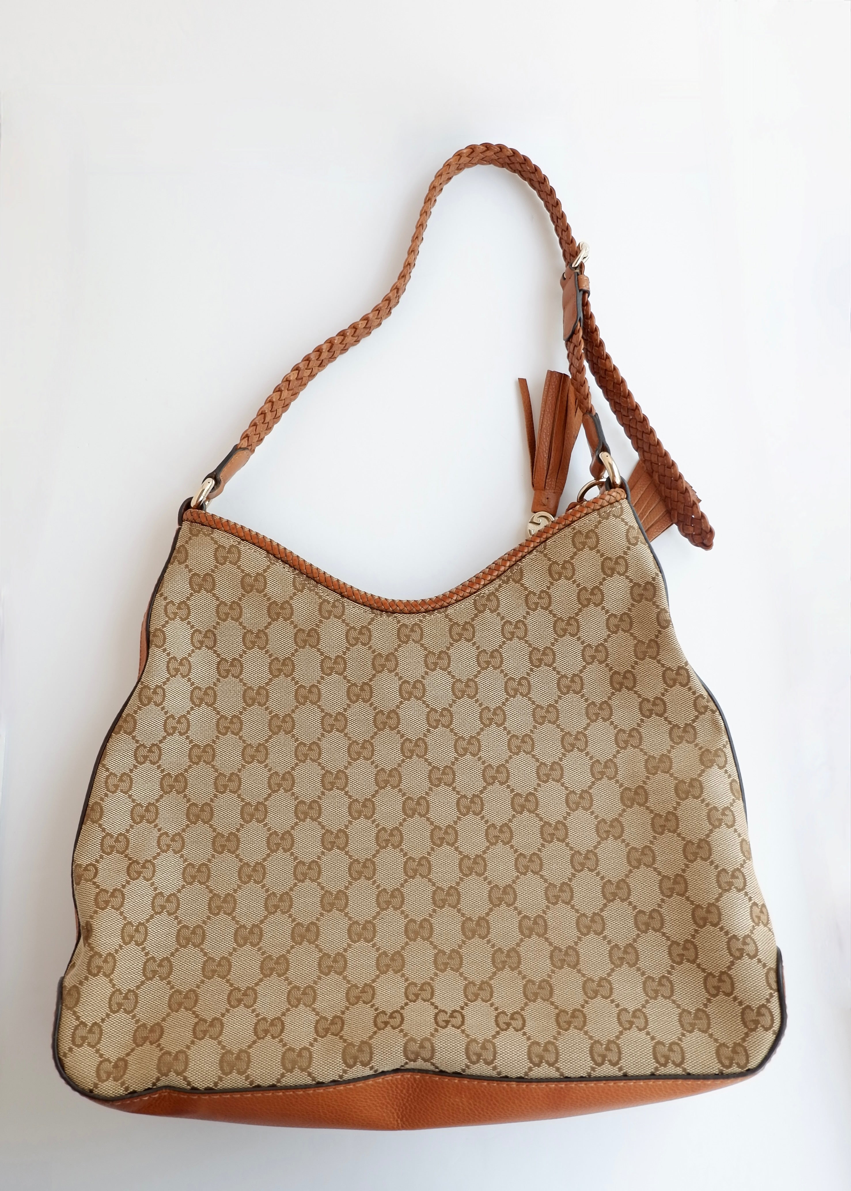 Preowned Gucci Brown GG Canvas Leather Tassel Shoulder Bag