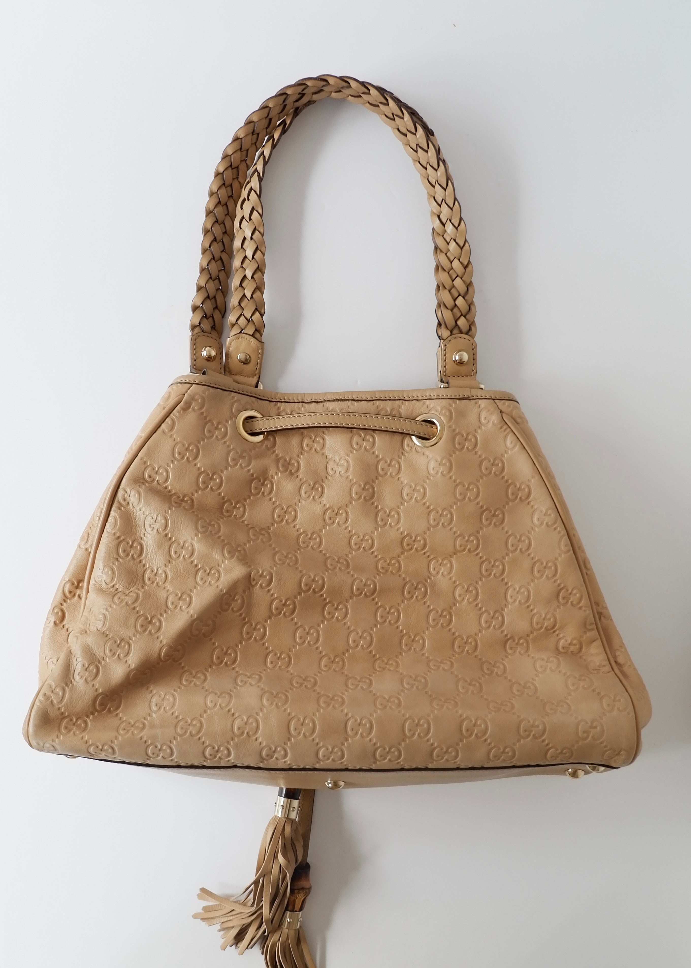 Authentic Preowned Gucci Beige Leagther Guccissima Peggy Tassel Shoulder Bag
